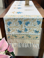Jute Cotton Table Runner (Blue Beige Floral Butta Print)