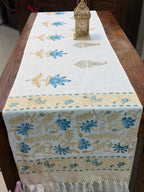 Jute Cotton Table Runner (Blue Beige Floral Butta Print)