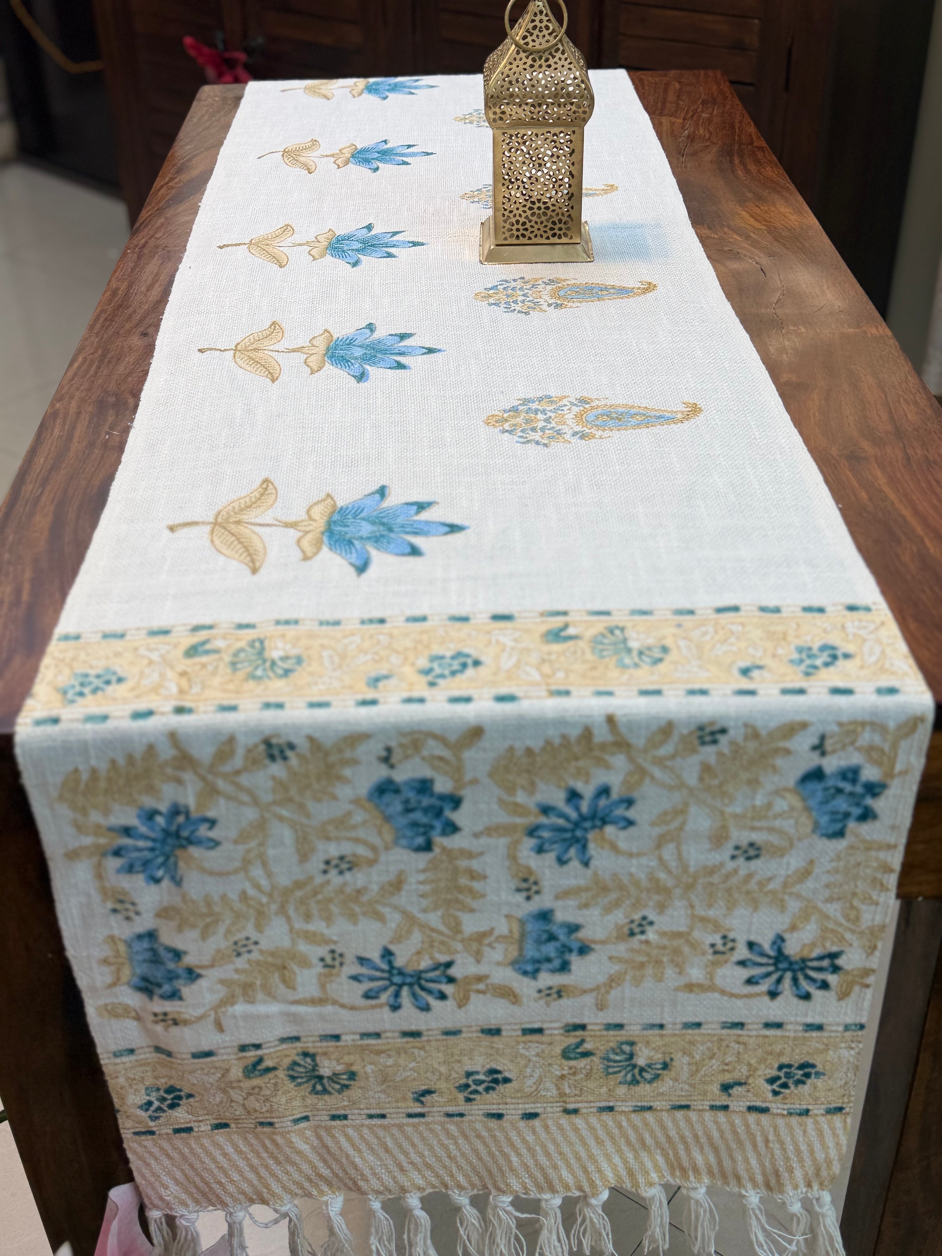 Jute Cotton Table Runner (Blue Beige Floral Butta Print)