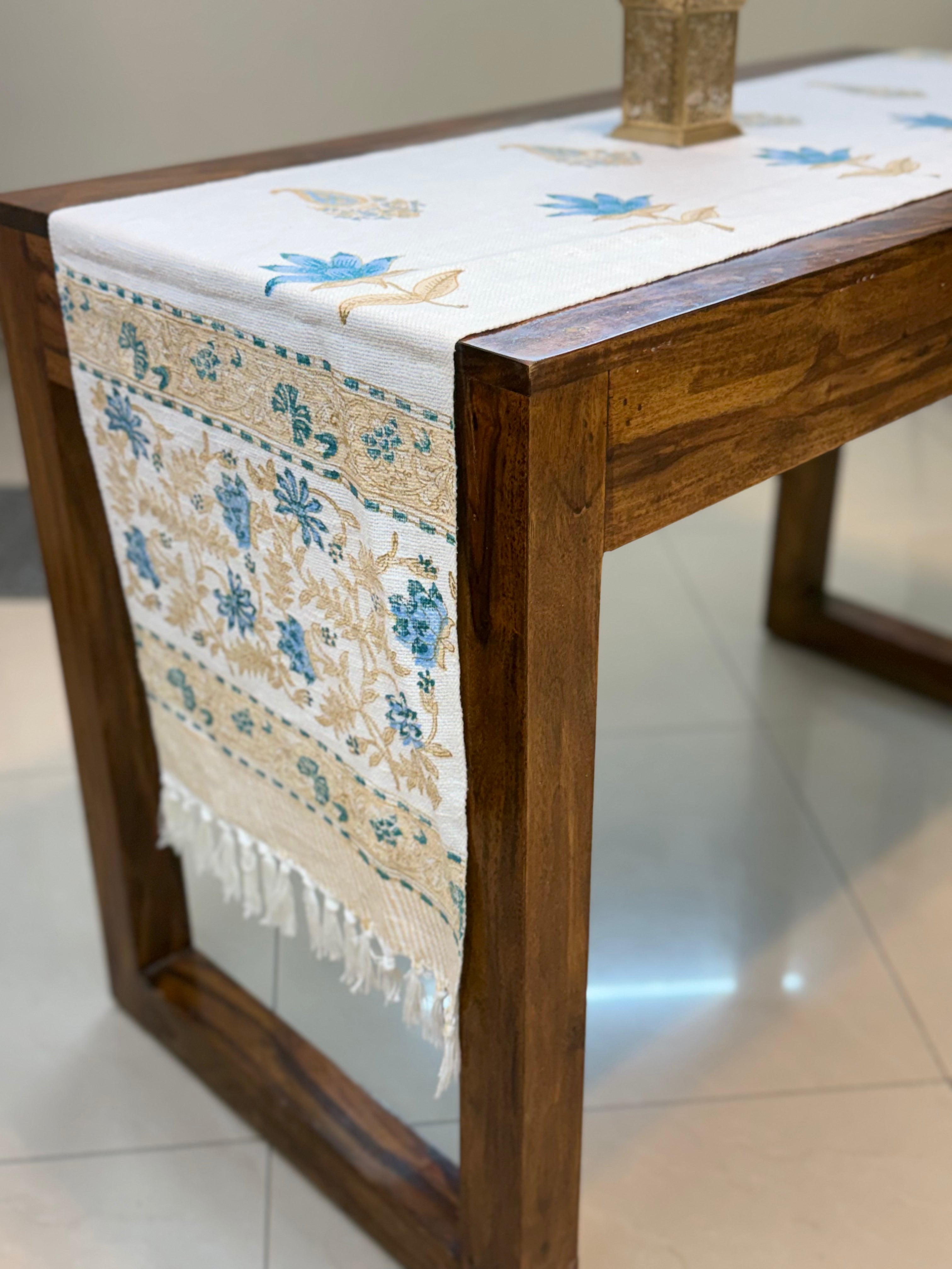 Jute Cotton Table Runner (Blue Beige Floral Butta Print)