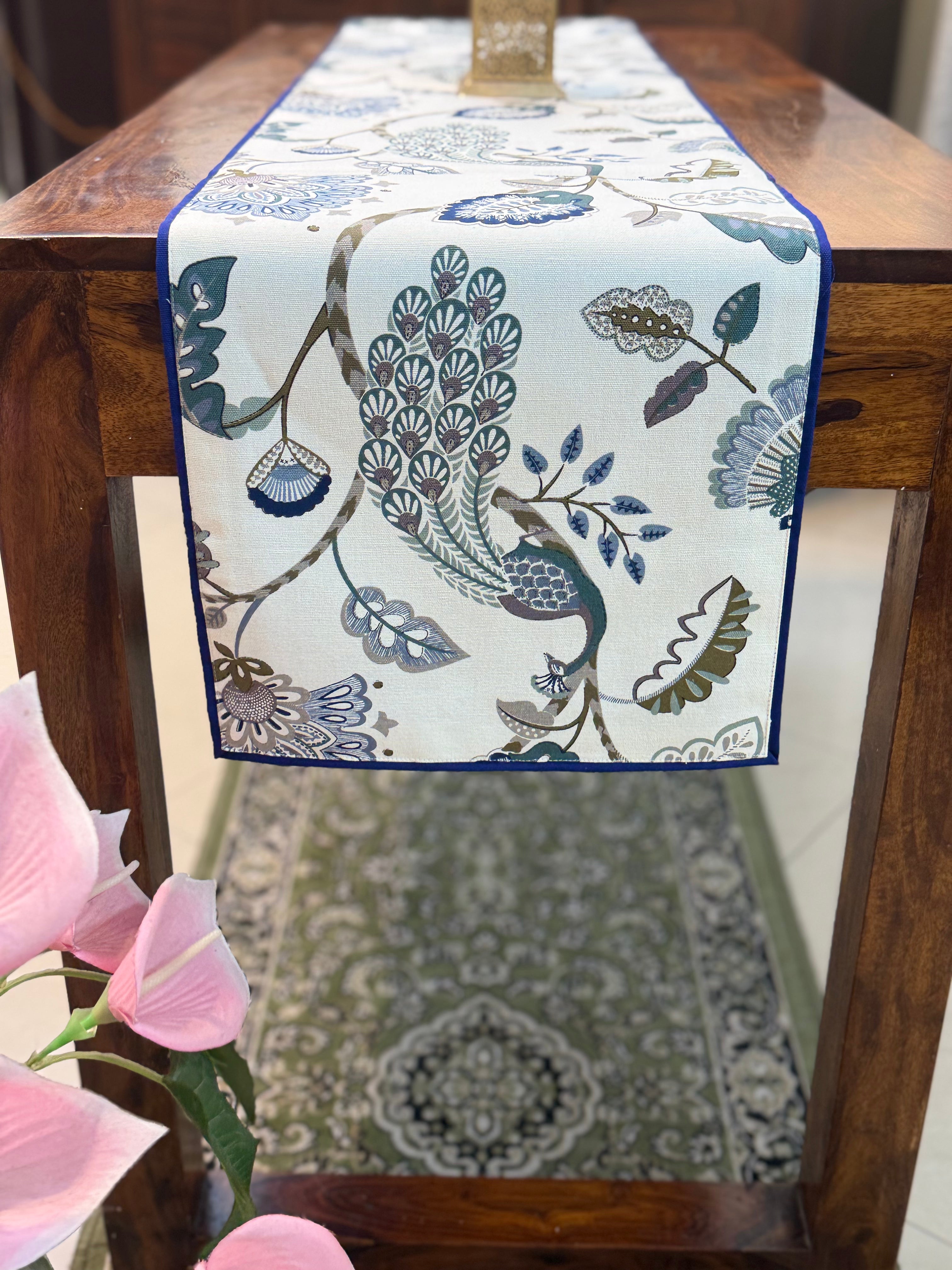 Canvas Printed Runners ( Blue and Off White Peacock Print)
