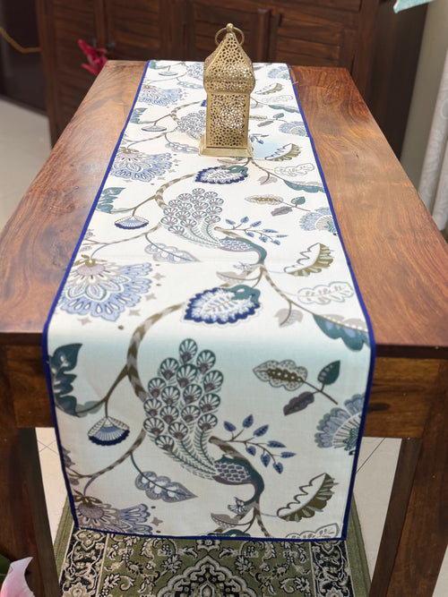 Canvas Printed Runners ( Blue and Off White Peacock Print)