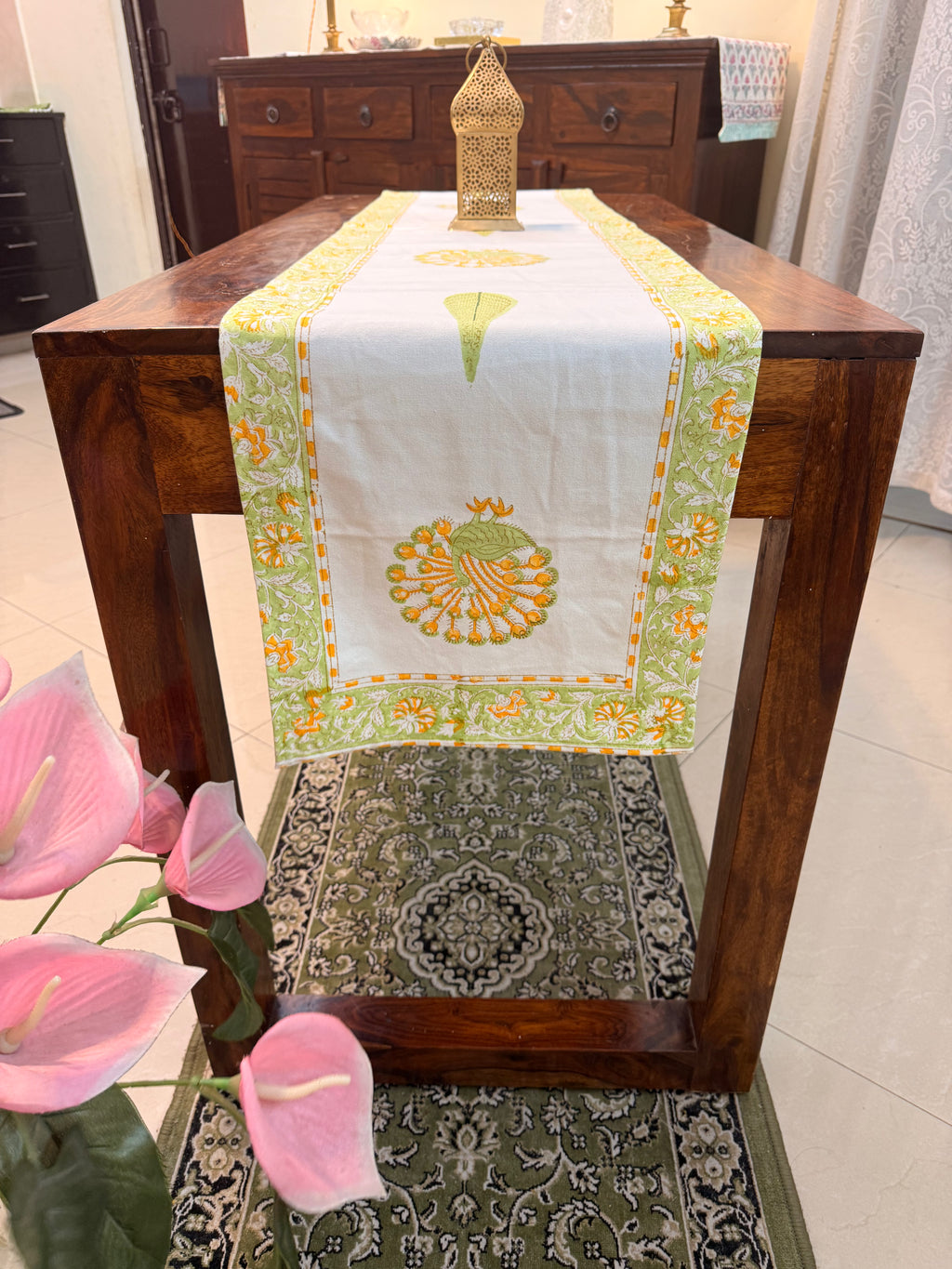 Cotton Hand Block Print Table Runner ( Yellow and Green Peacock Print )