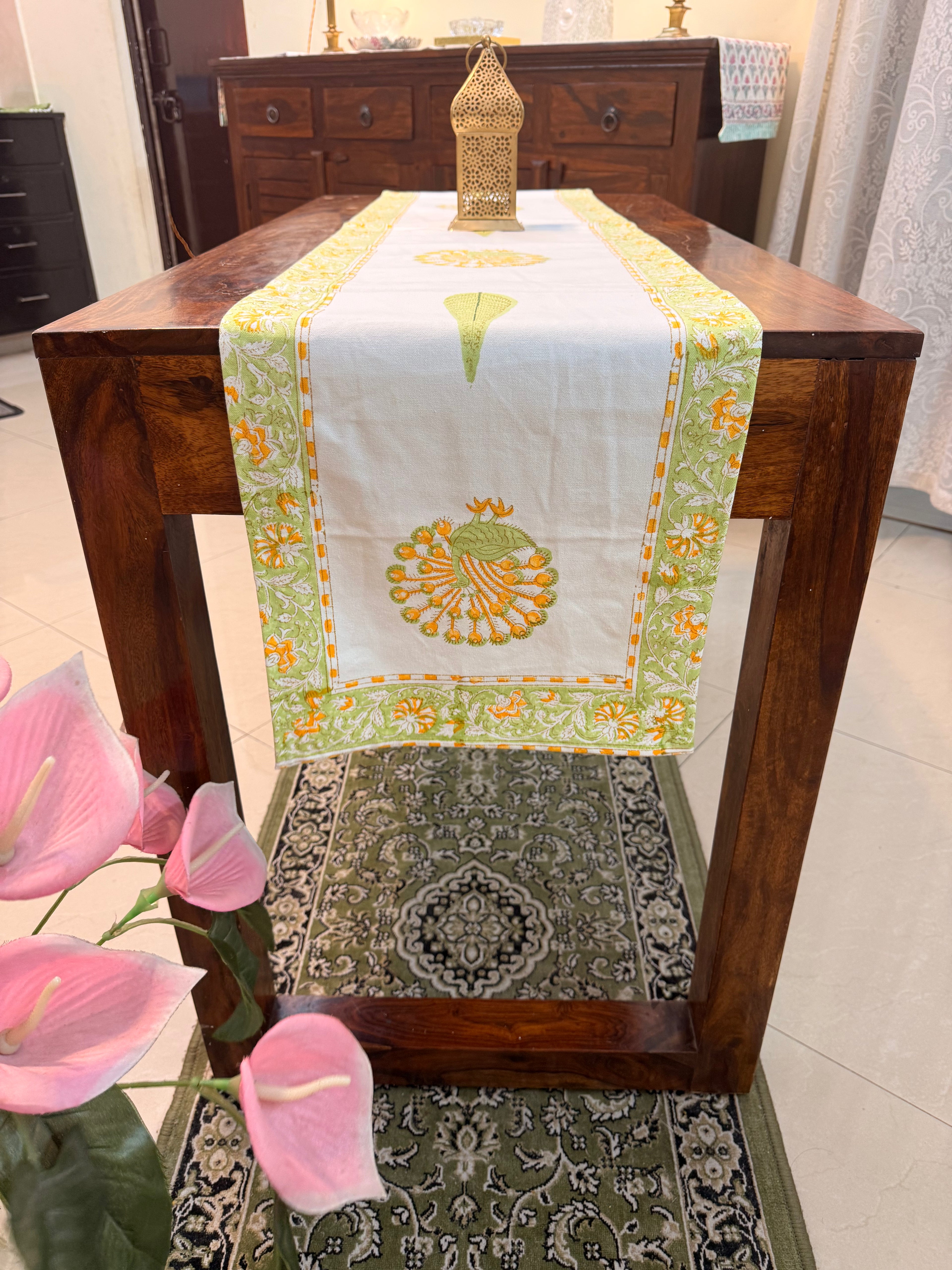 Cotton Hand Block Print Table Runner ( Yellow and Green Peacock Print )