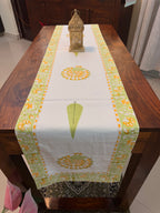 Cotton Hand Block Print Table Runner ( Yellow and Green Peacock Print )
