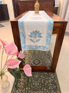Cotton Hand Block Print Table Runner ( Big Blue Flower Print )