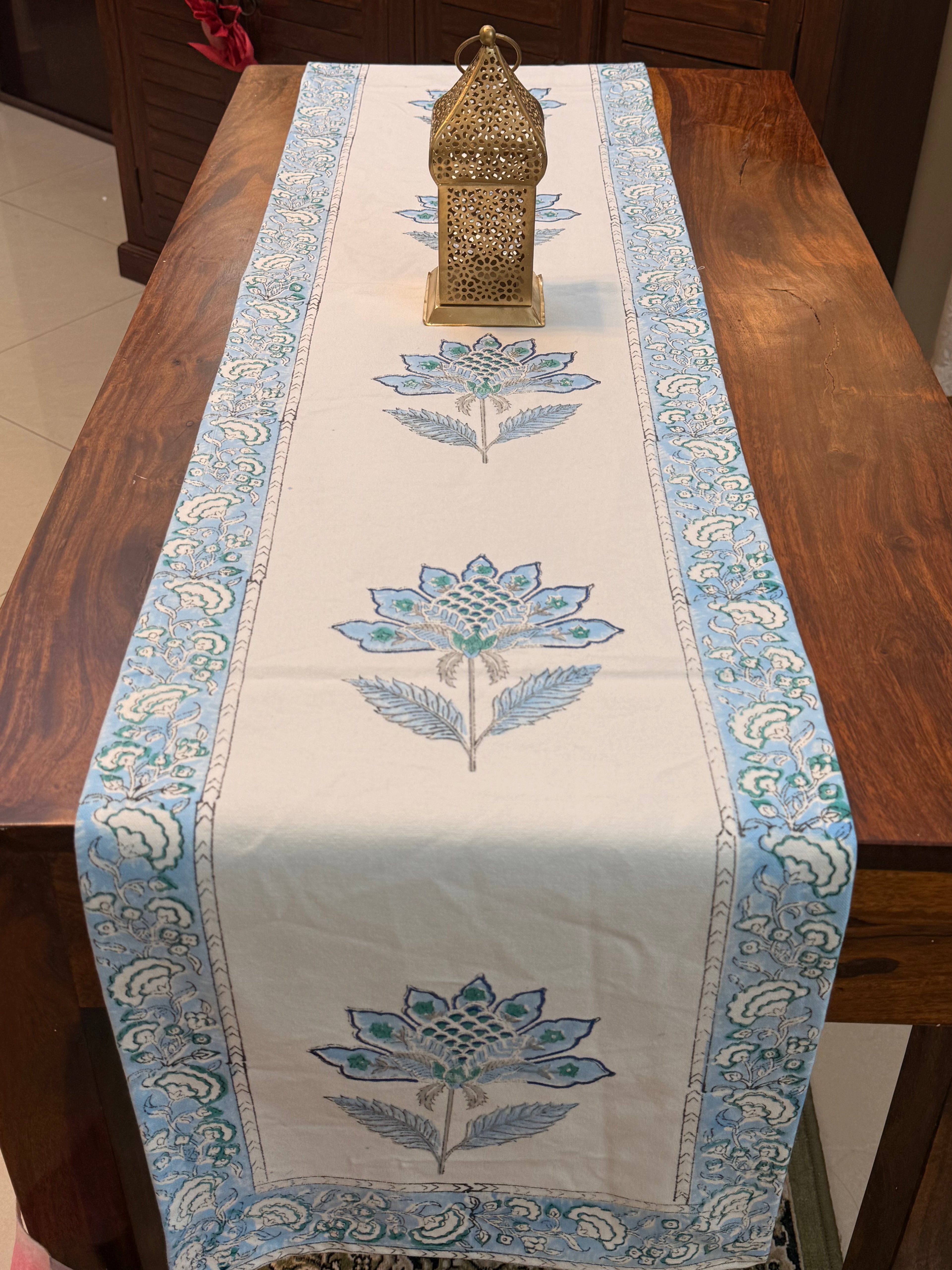 Cotton Hand Block Print Table Runner ( Big Blue Flower Print )