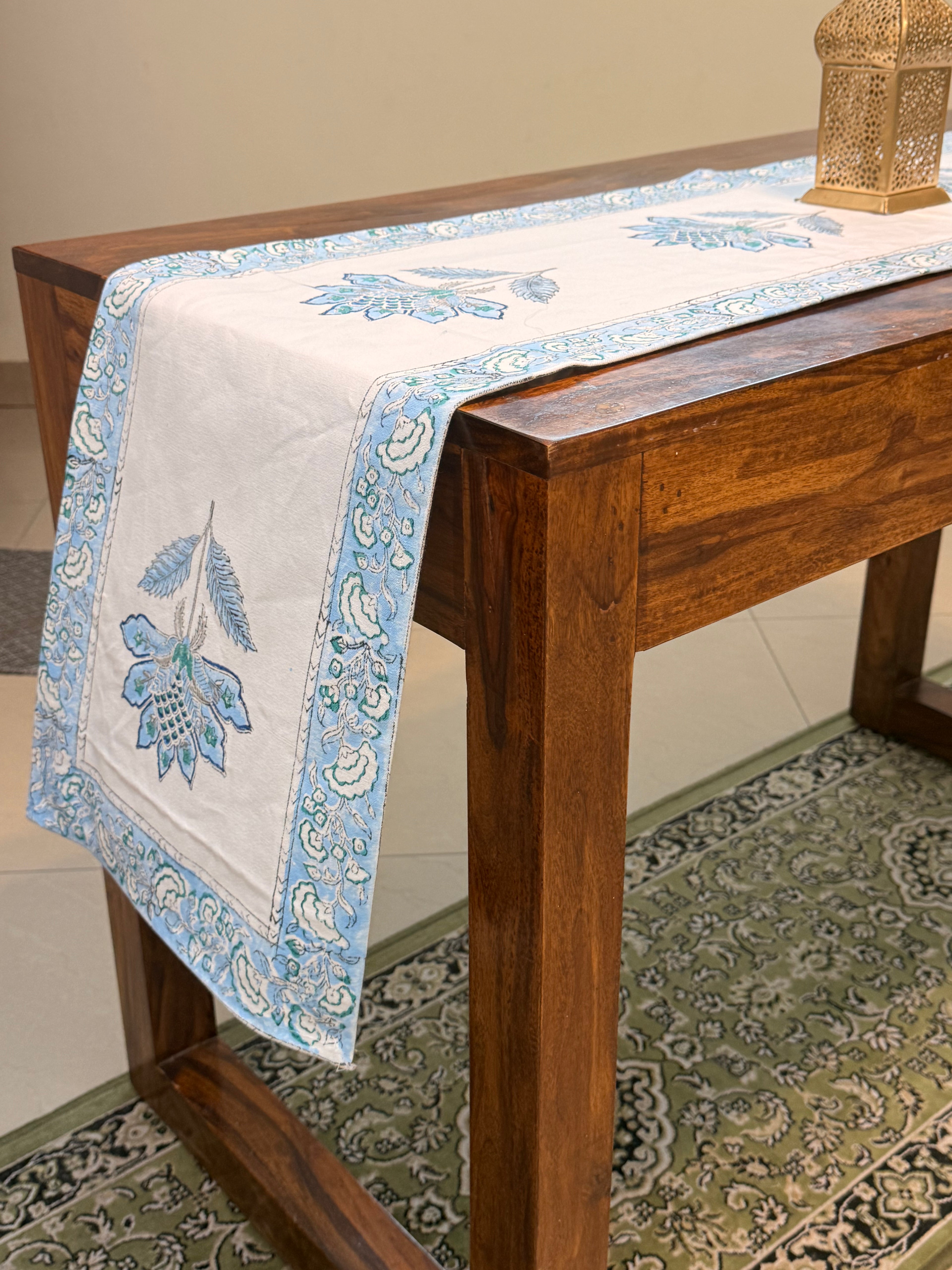 Cotton Hand Block Print Table Runner ( Big Blue Flower Print )