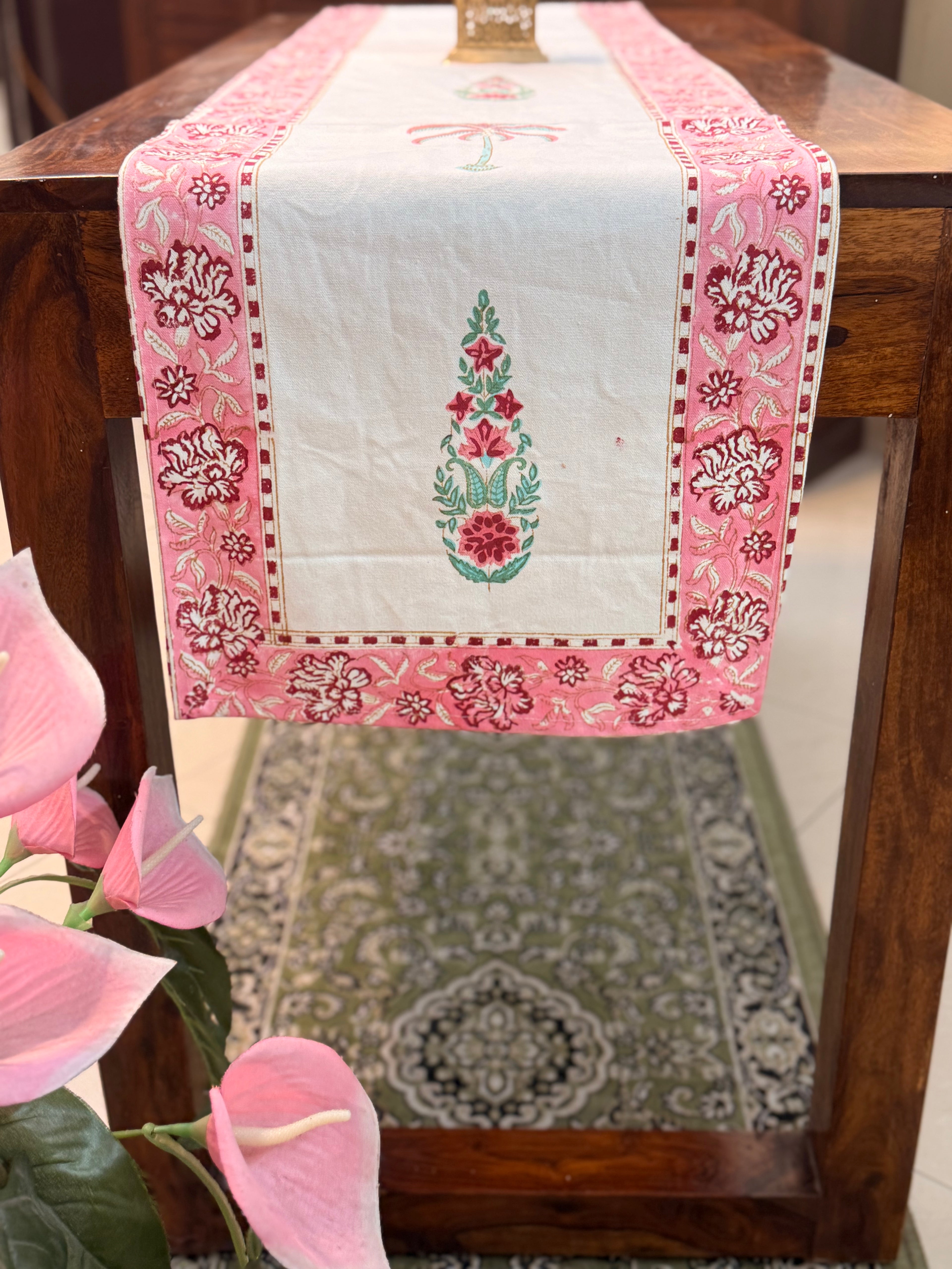 Cotton Hand Block Print Table Runner ( Pink Palm Print )