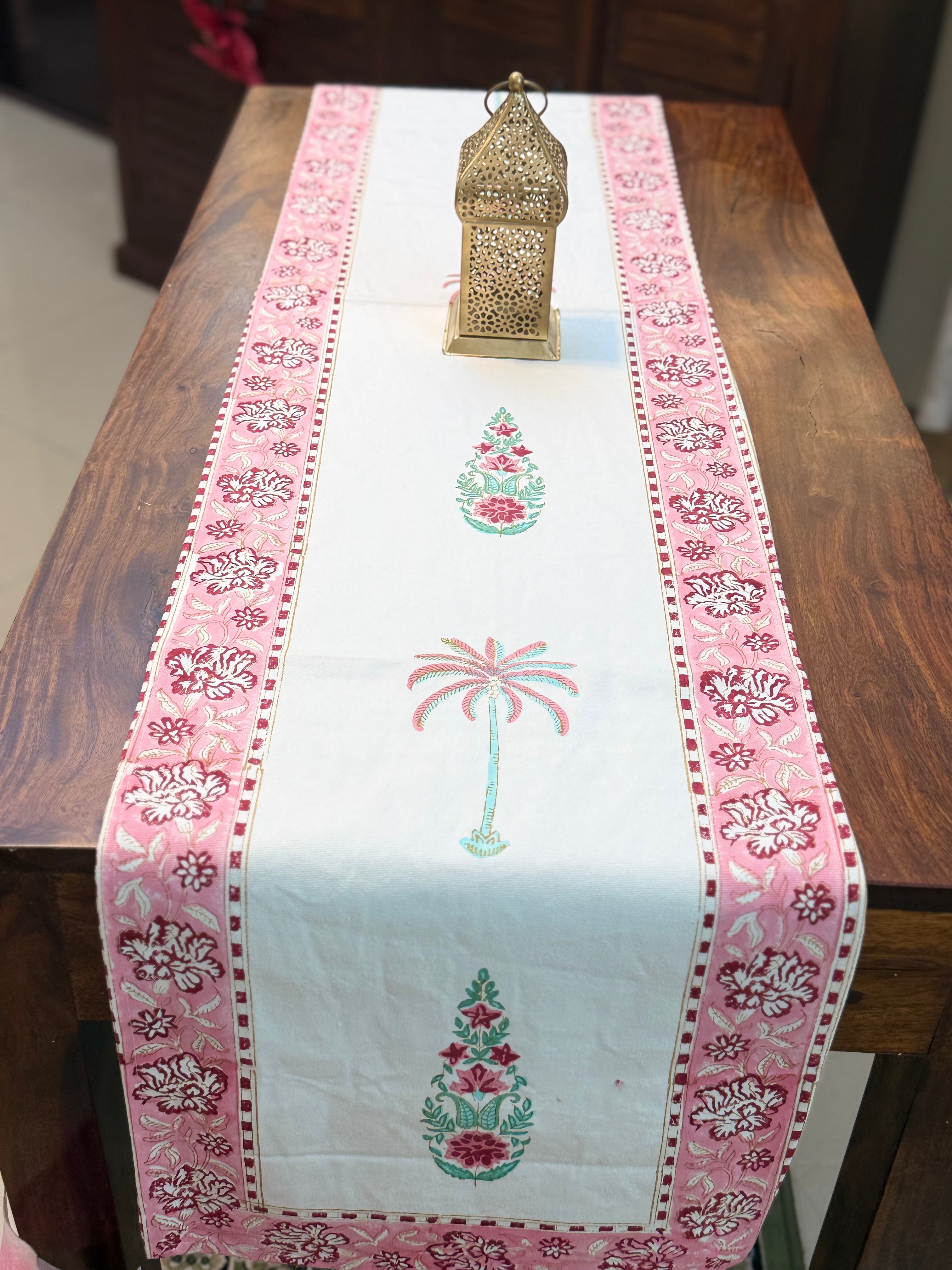 Cotton Hand Block Print Table Runner ( Pink Palm Print )