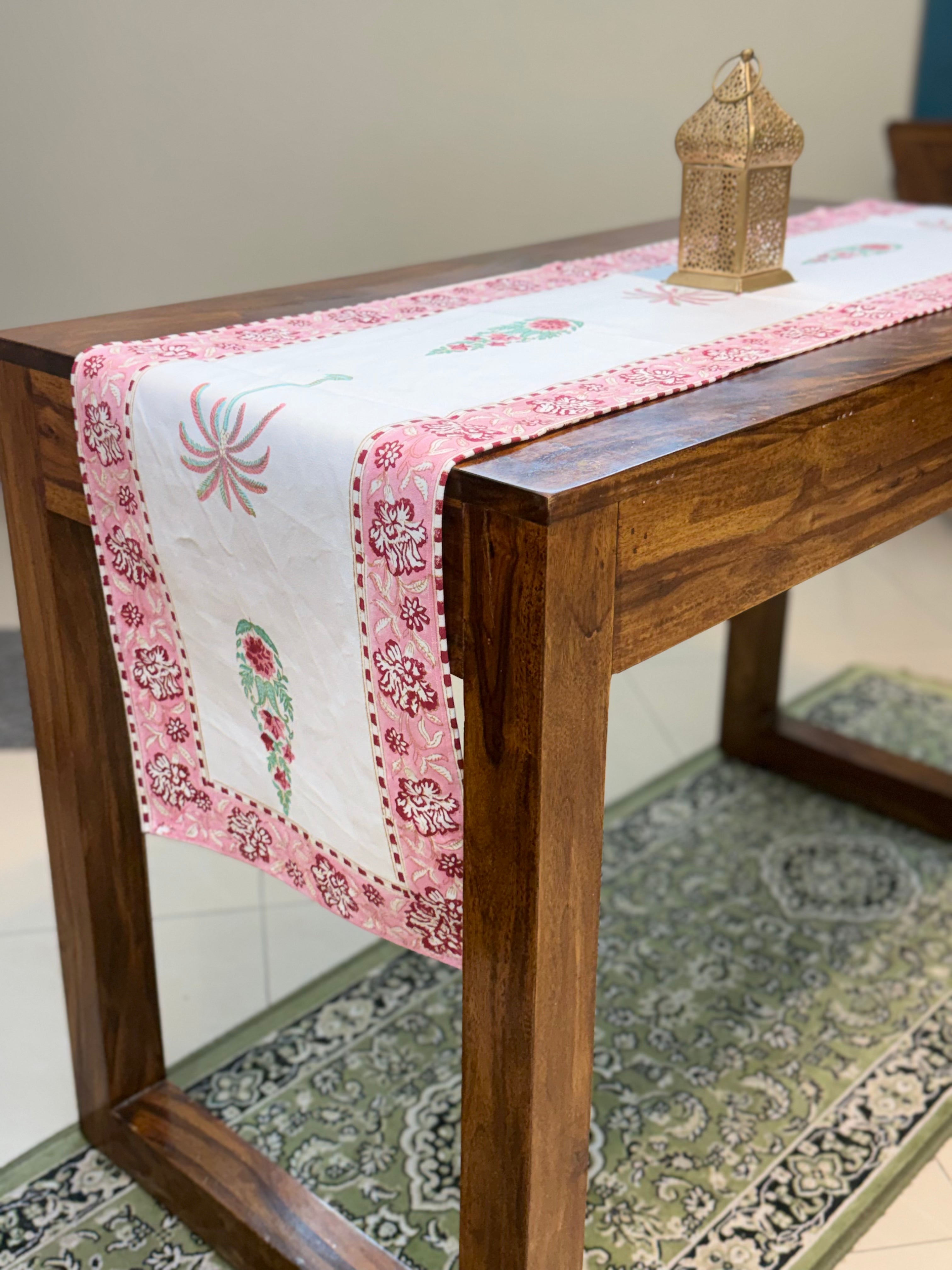 Cotton Hand Block Print Table Runner ( Pink Palm Print )