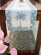 Cotton Hand Block Print Table Runner ( Blue Palm Print )