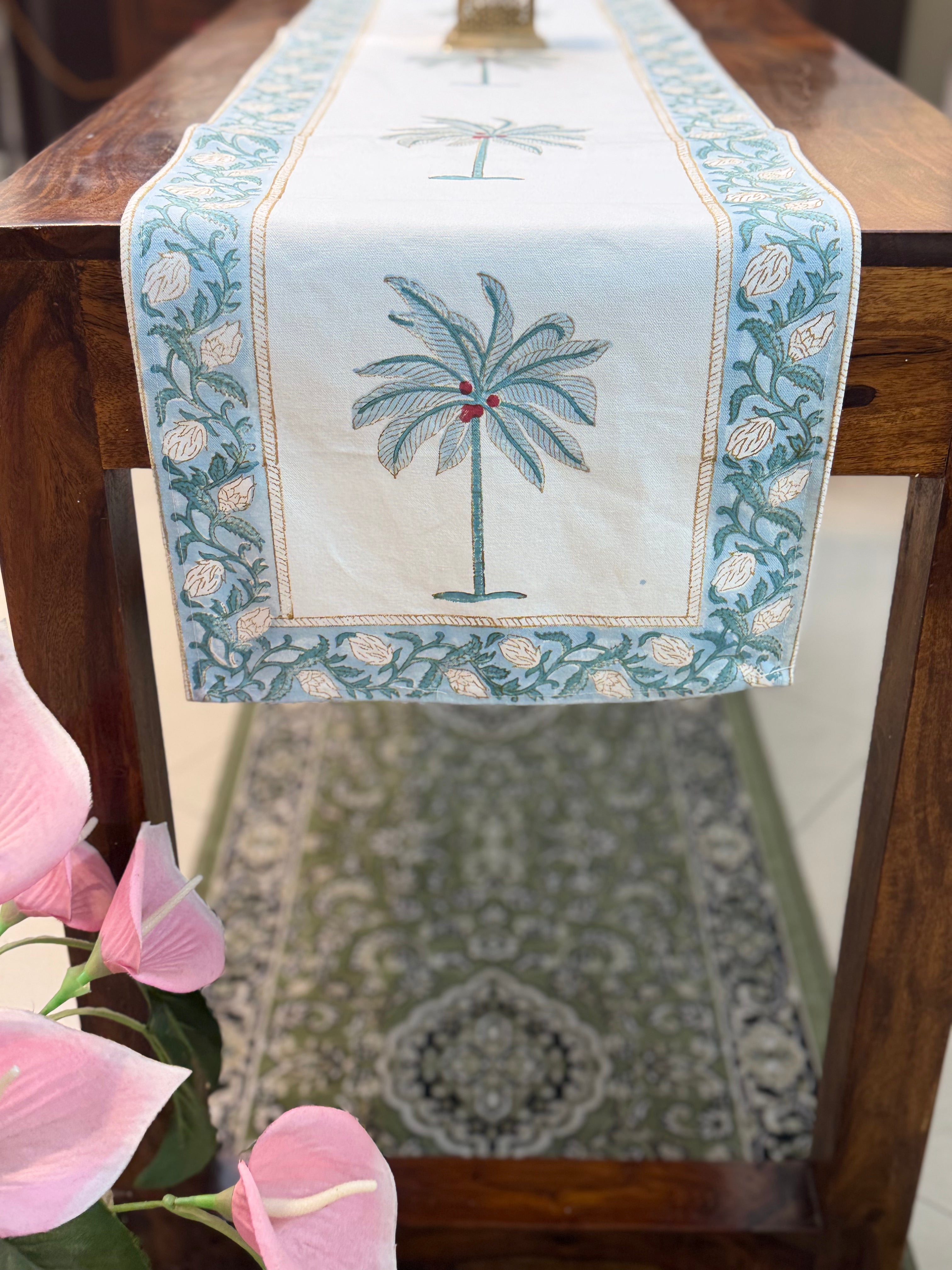 Cotton Hand Block Print Table Runner ( Blue Palm Print )