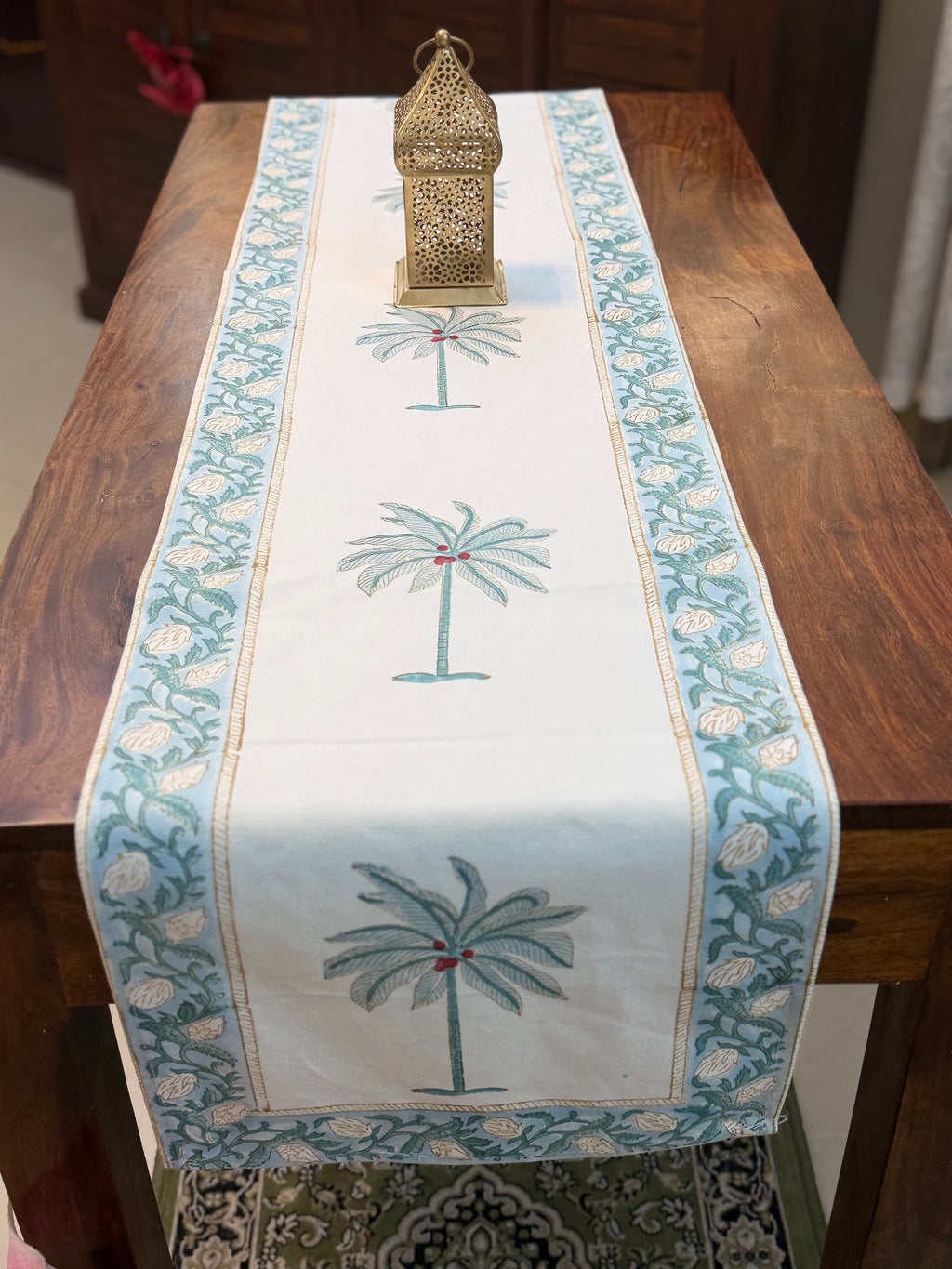 Cotton Hand Block Print Table Runner ( Blue Palm Print )