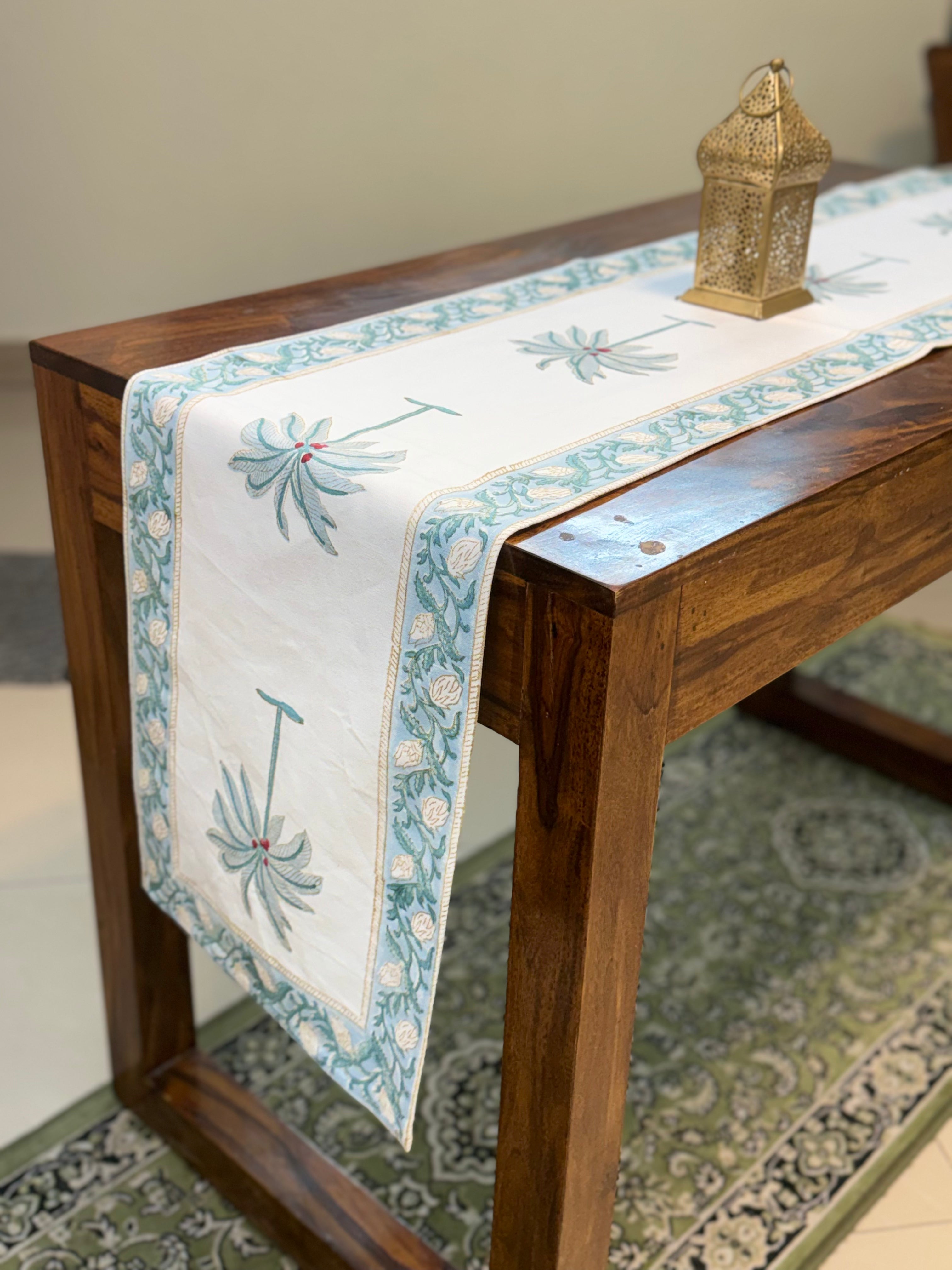 Cotton Hand Block Print Table Runner ( Blue Palm Print )