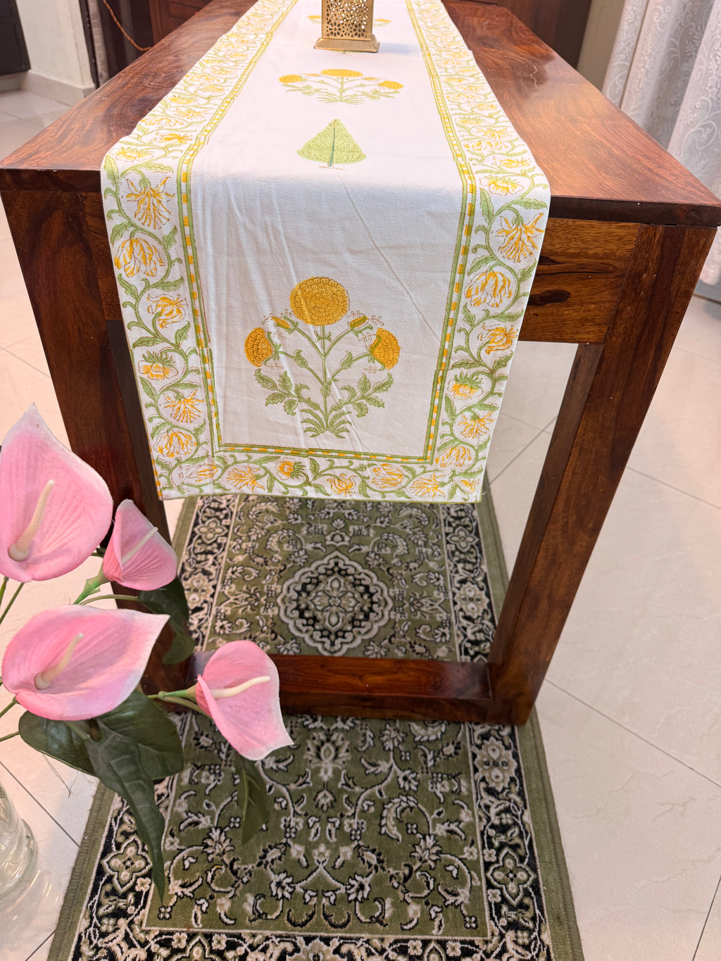 Cotton Hand Block Print Table Runner ( Yellow Marigold Print )