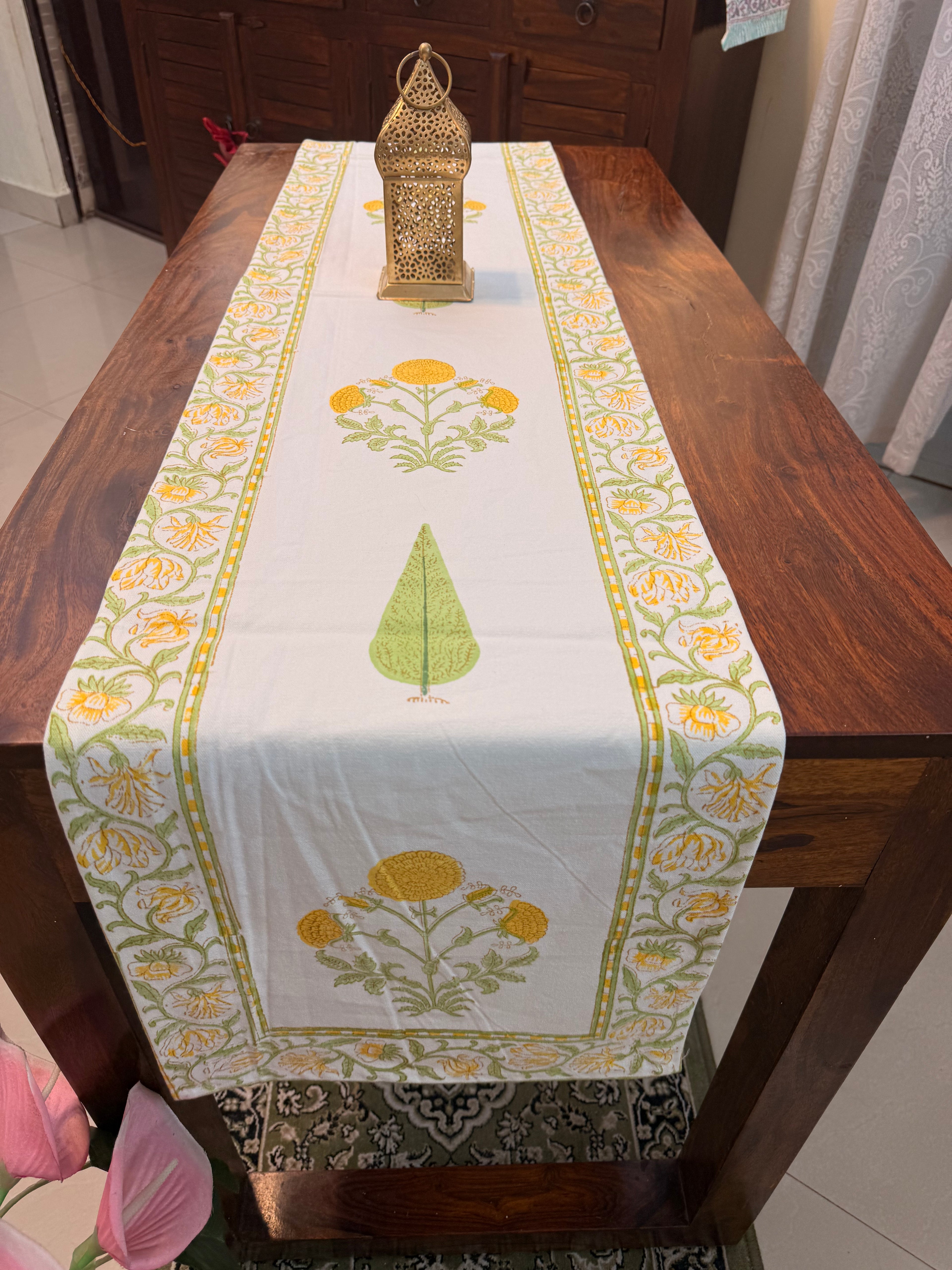 Cotton Hand Block Print Table Runner ( Yellow Marigold Print )