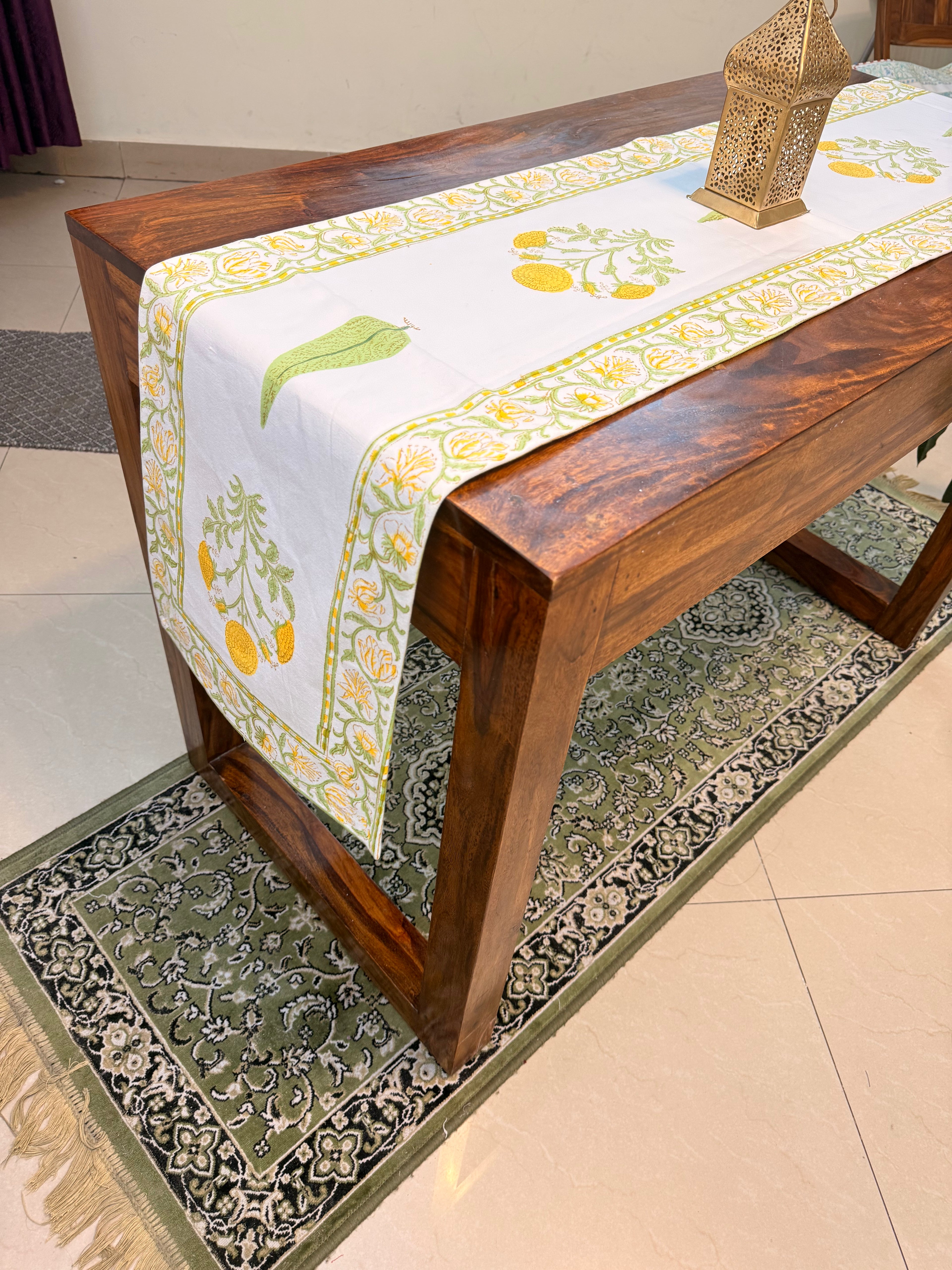 Cotton Hand Block Print Table Runner ( Yellow Marigold Print )