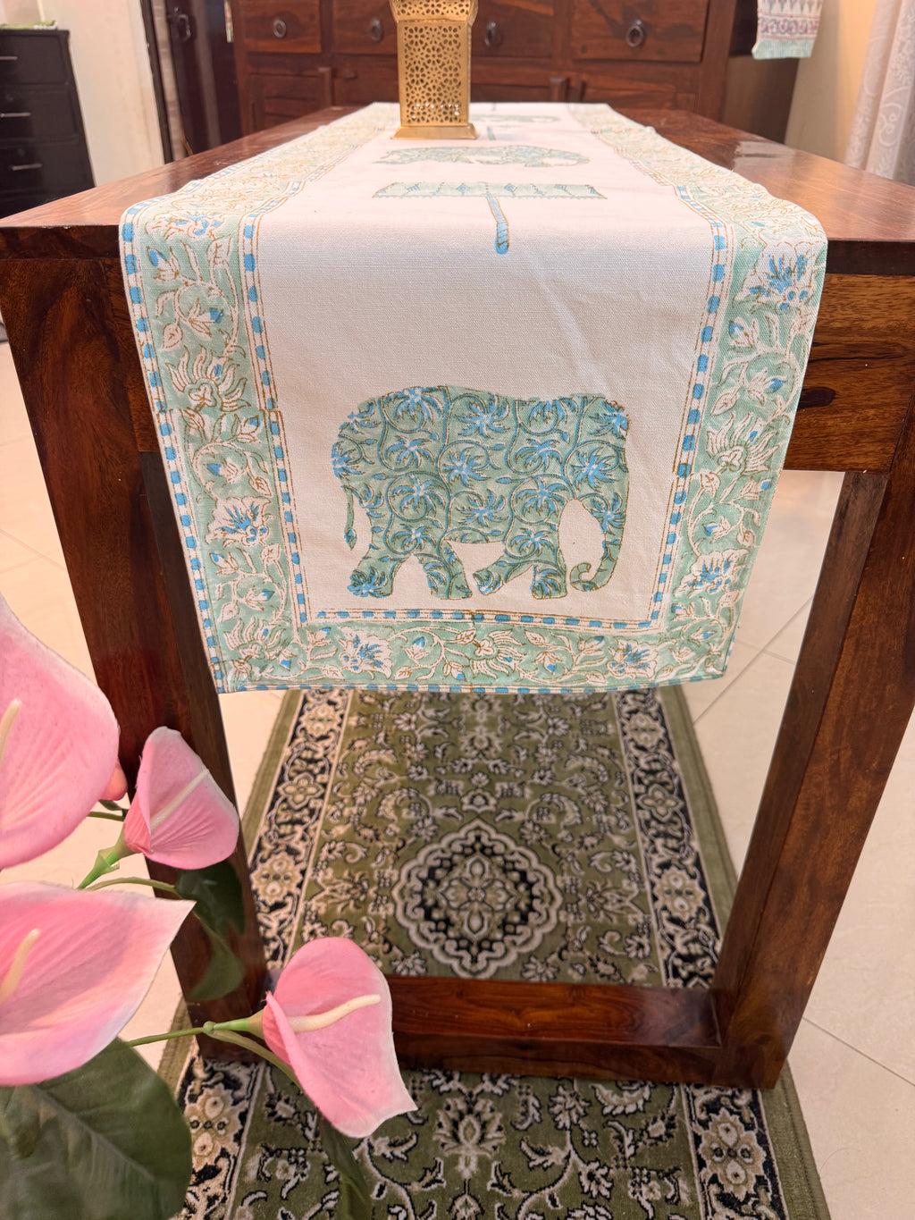 Cotton Hand Block Print Table Runner ( Royal Elephant & Umbrella Print )