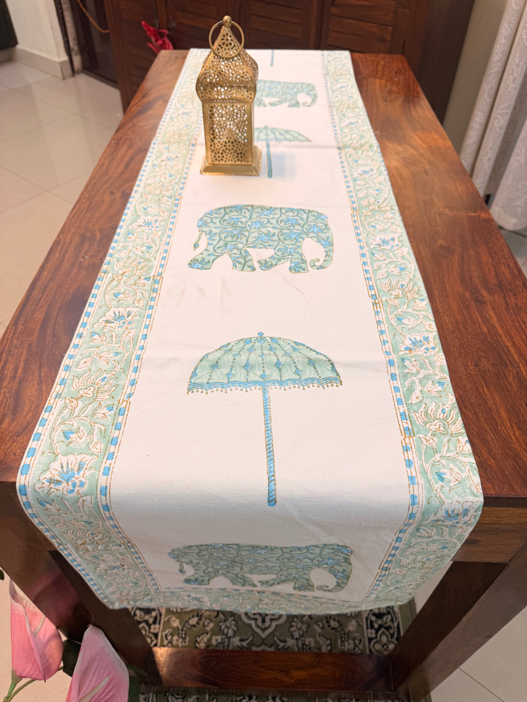 Cotton Hand Block Print Table Runner ( Royal Elephant & Umbrella Print )