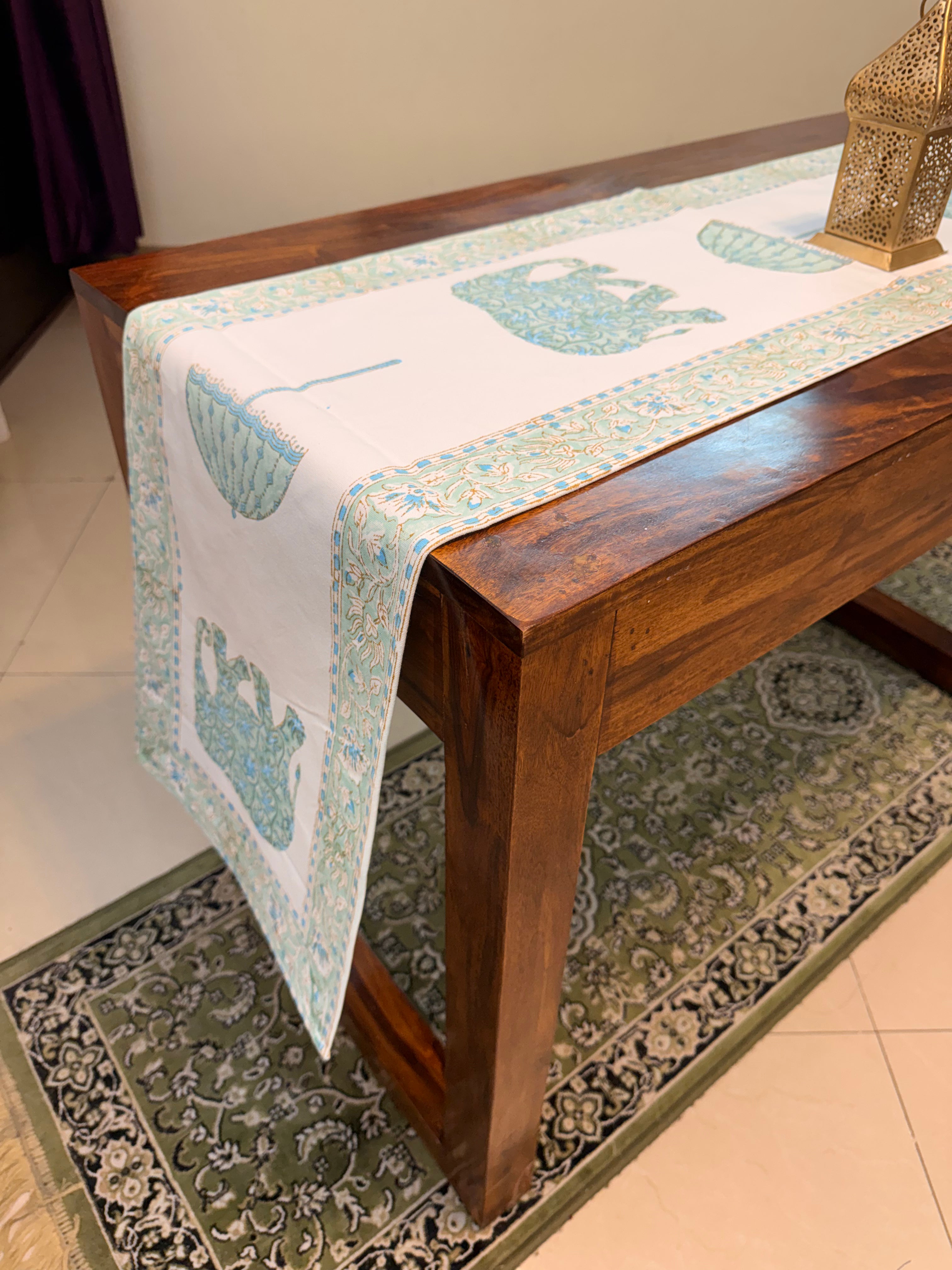 Cotton Hand Block Print Table Runner ( Royal Elephant & Umbrella Print )