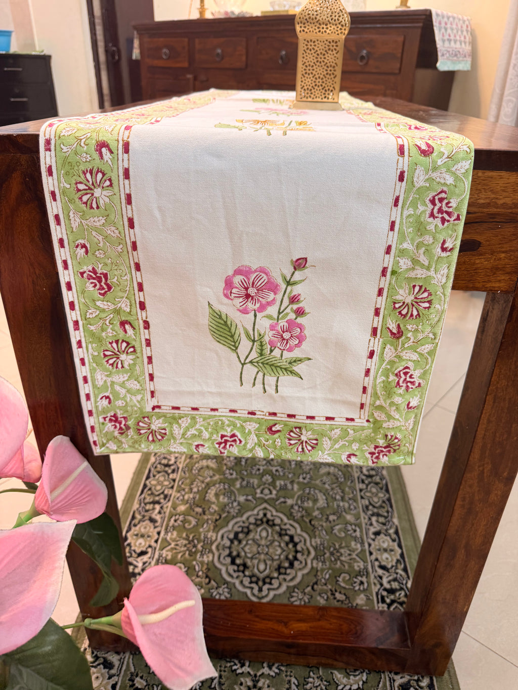Cotton Hand Block Print Table Runner ( Yellow & Green Delia Print )