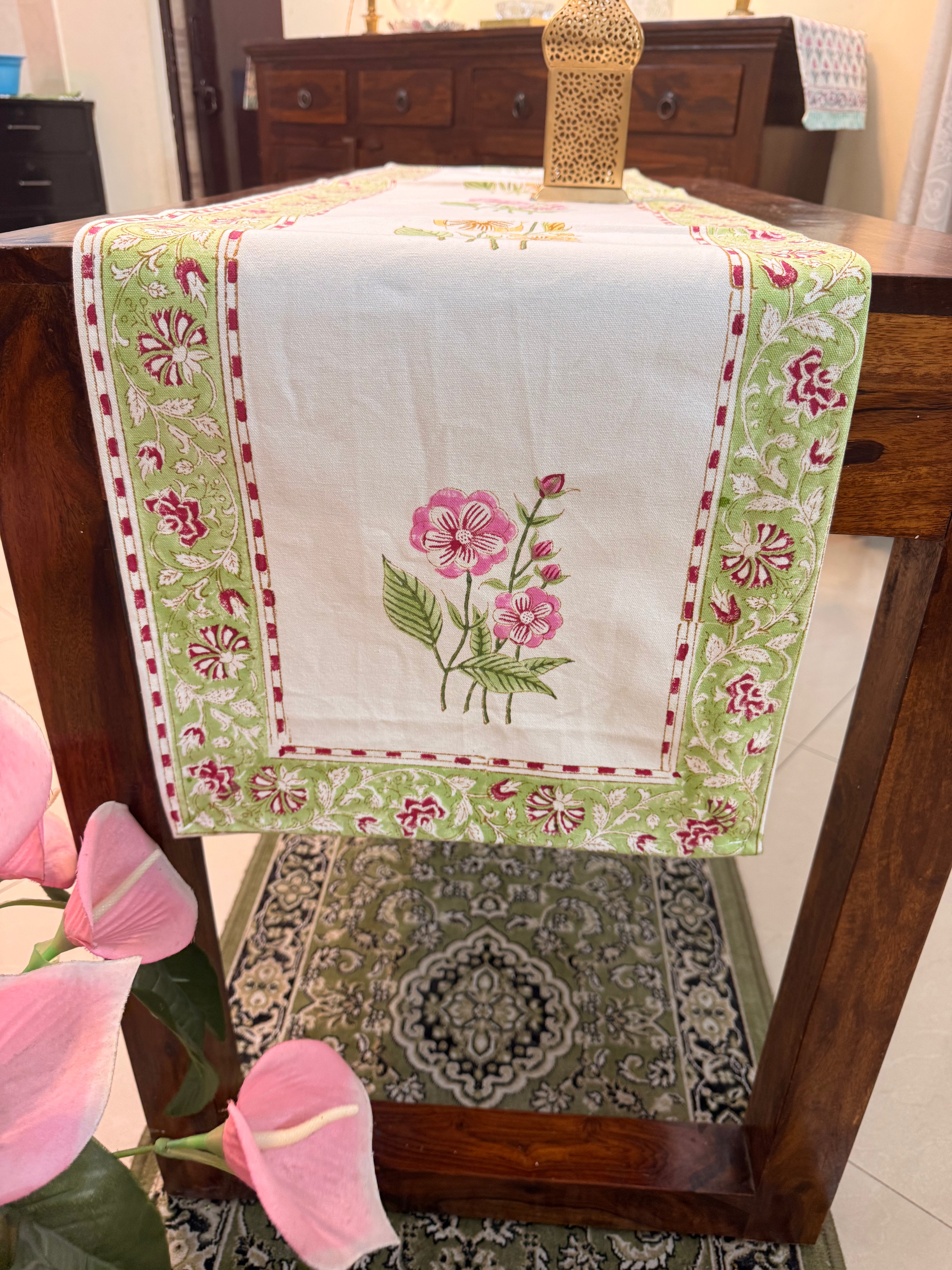 Cotton Hand Block Print Table Runner ( Yellow & Green Delia Print )