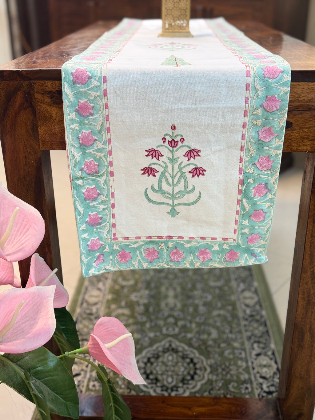 Cotton Hand Block Print Table Runner ( Pink & Turquoise Floral Print )