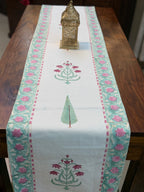 Cotton Hand Block Print Table Runner ( Pink & Turquoise Floral Print )