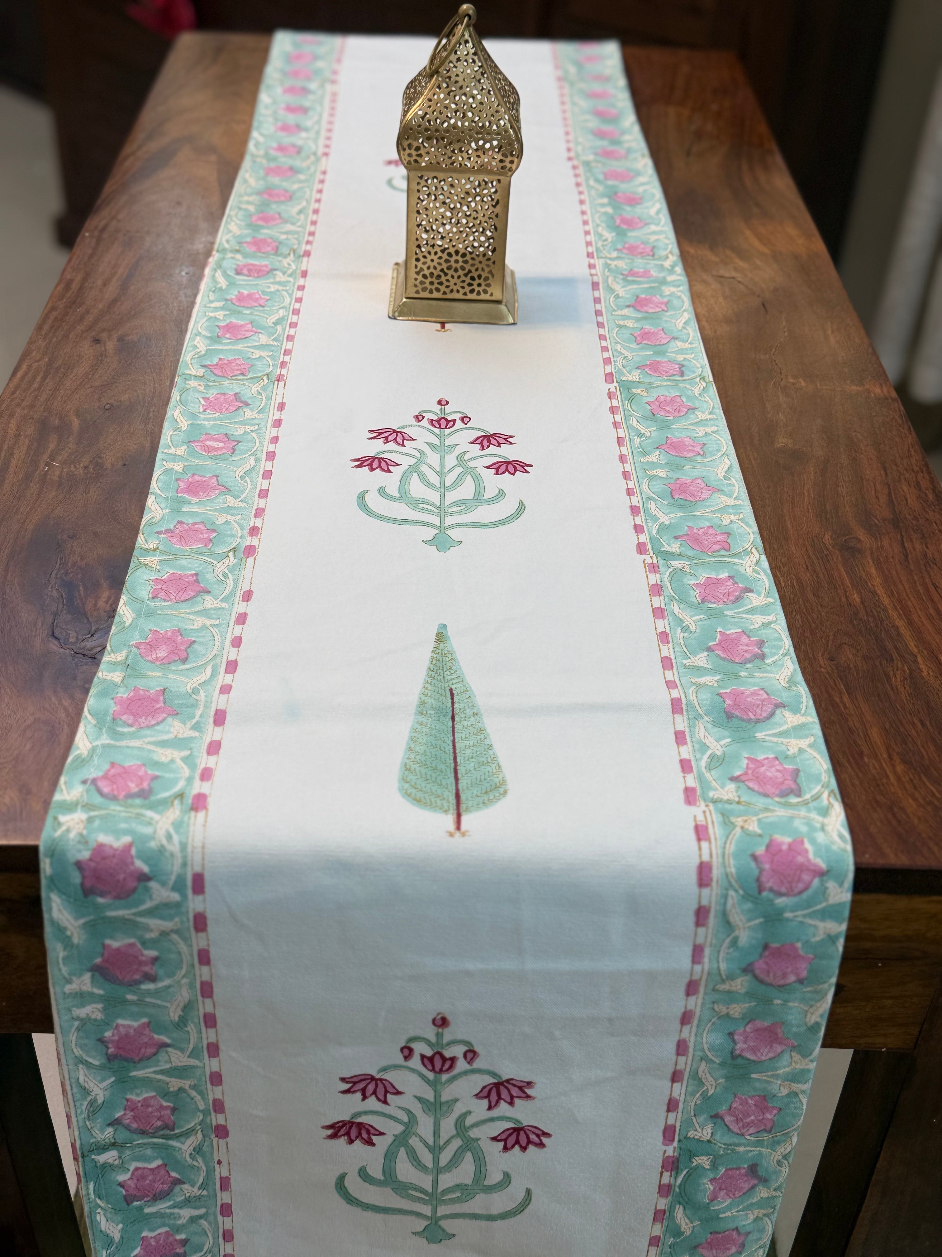 Cotton Hand Block Print Table Runner ( Pink & Turquoise Floral Print )