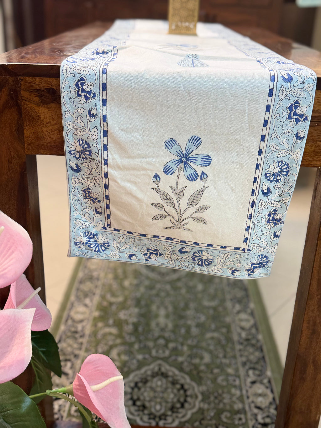Cotton Hand Block Print Table Runner ( Blue Pottery Print )