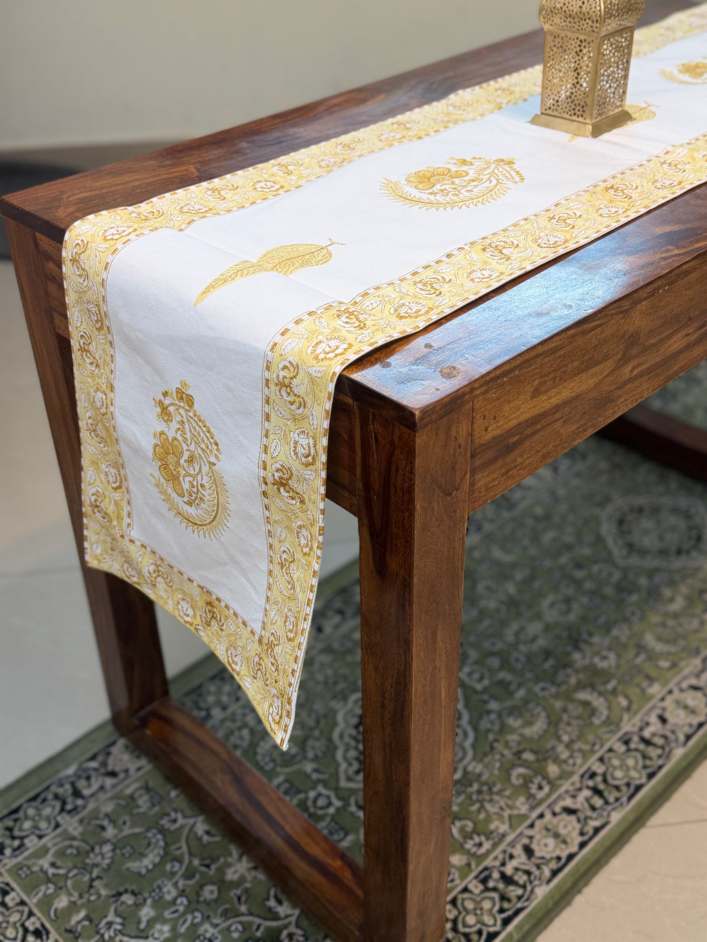 Cotton Hand Block Print Table Runner ( Yellow Motif Print )