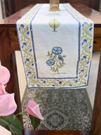 Cotton Hand Block Print Table Runner ( Blue & Pale Green Floral Print )