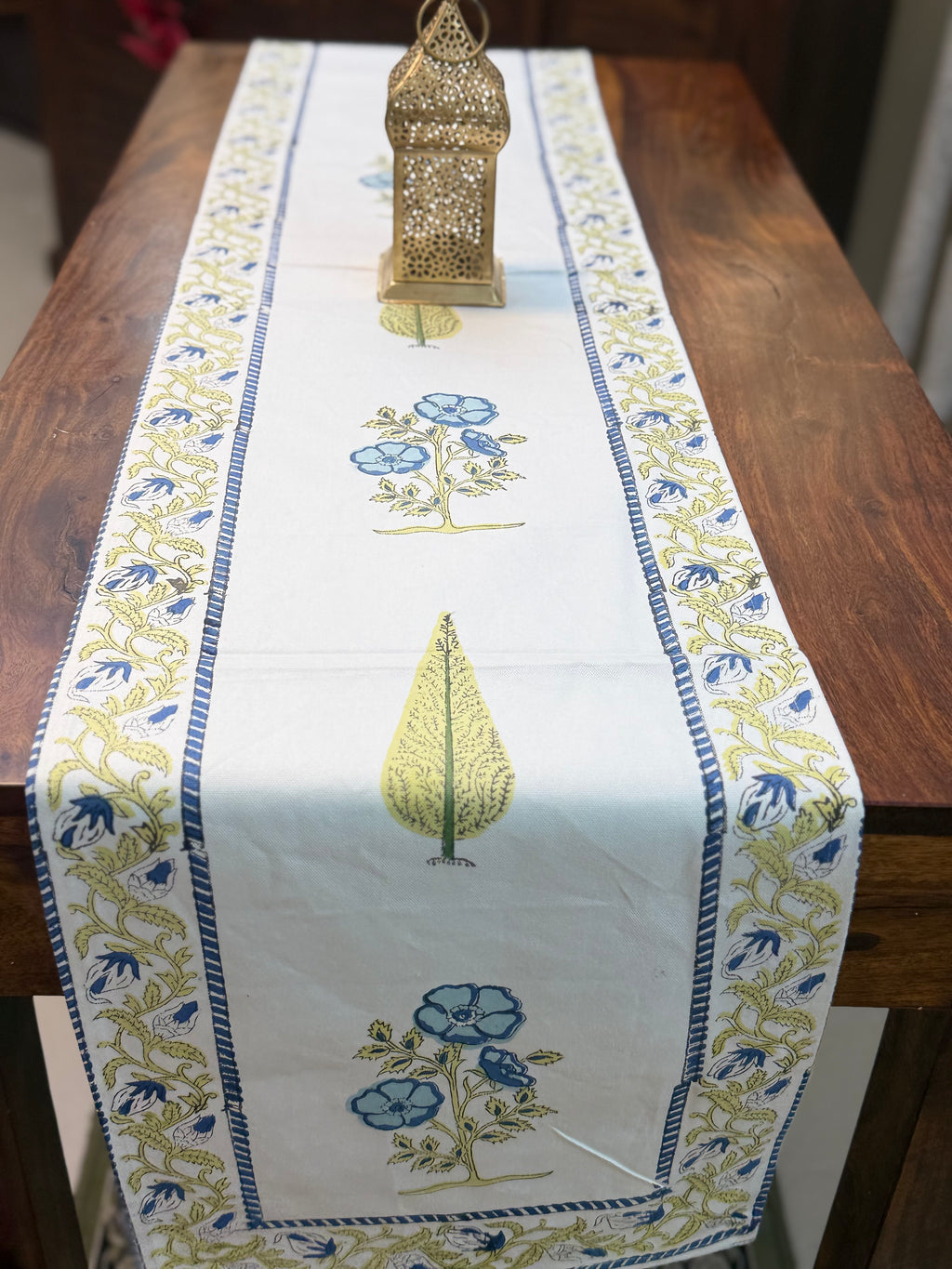 Cotton Hand Block Print Table Runner ( Blue & Pale Green Floral Print )