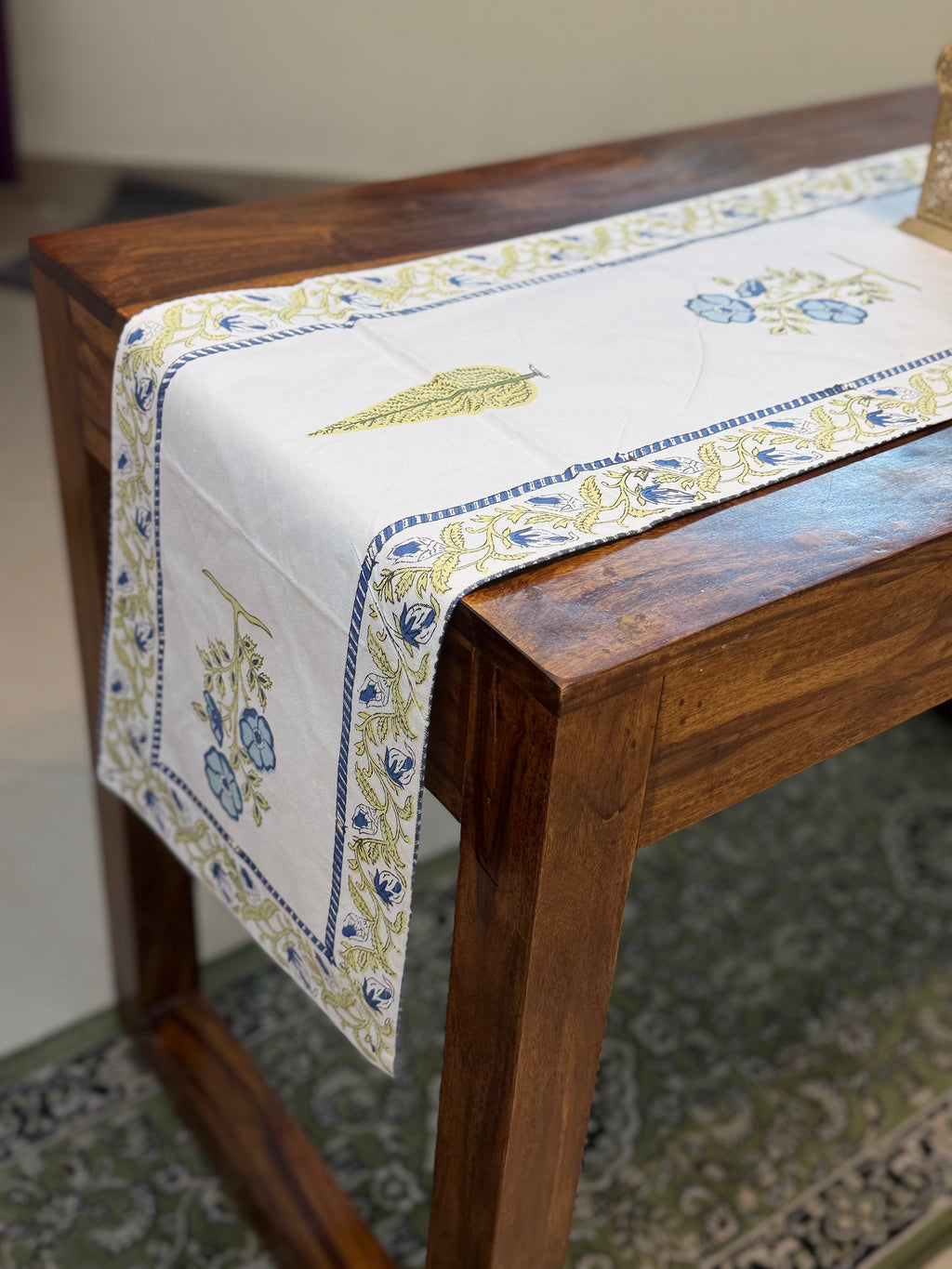 Cotton Hand Block Print Table Runner ( Blue & Pale Green Floral Print )