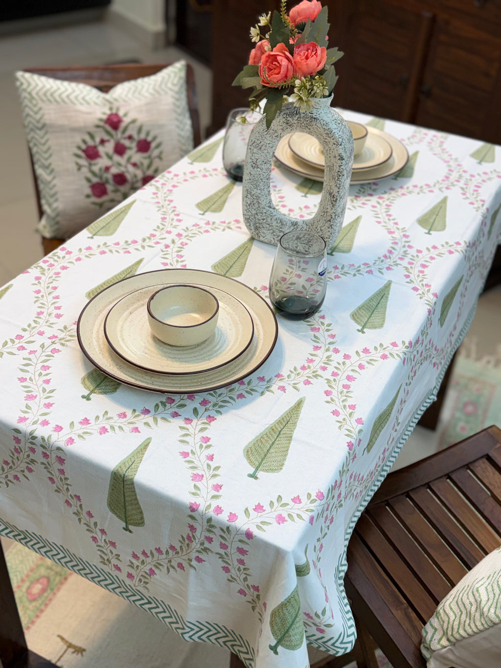Hand Block Print Dining Table Sheet ( Bel Patta Jaal Print )