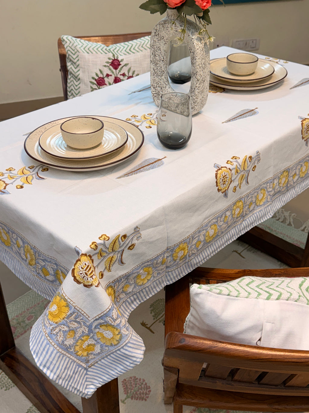 Hand Block Print Dining Table Sheet (Yellow & Maroon Phool )