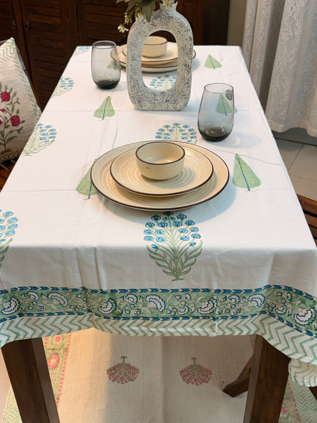 Hand Block Print Dining Table Sheet ( Leaf & Flower Blue Green Print )