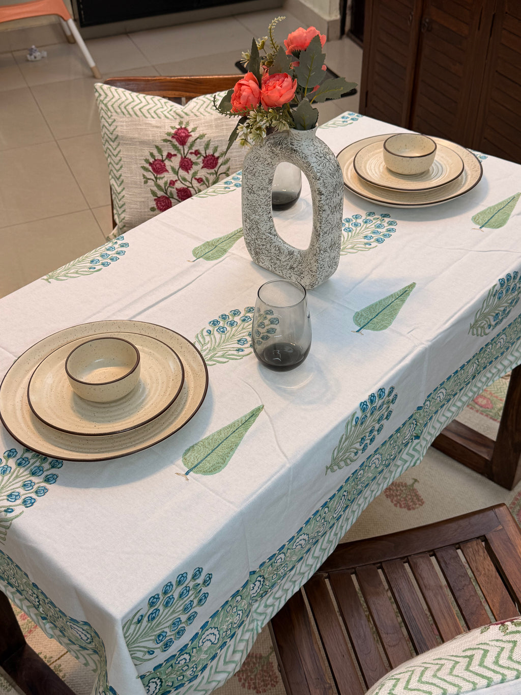 Hand Block Print Dining Table Sheet ( Leaf & Flower Blue Green Print )