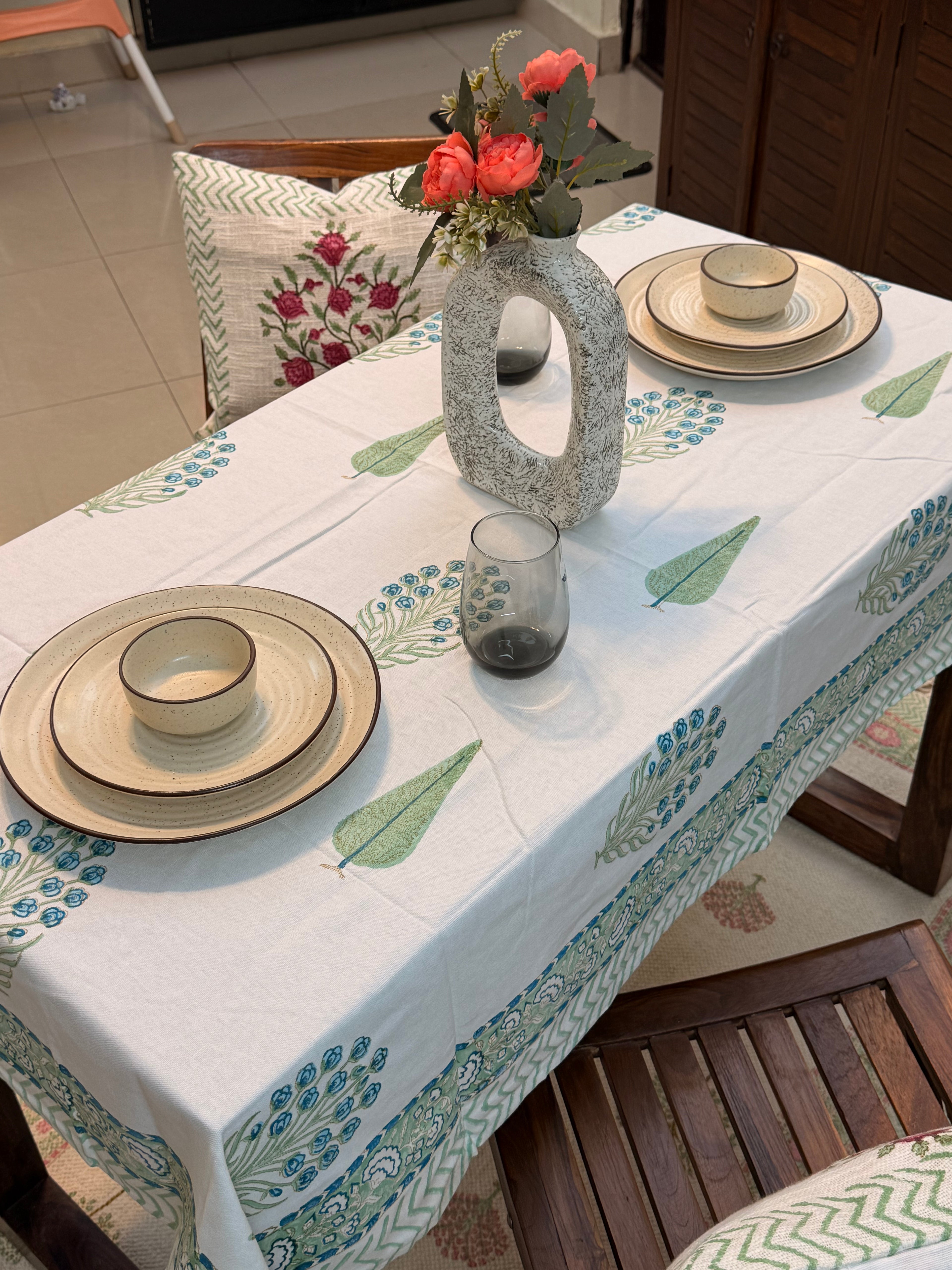 Hand Block Print Dining Table Sheet ( Leaf & Flower Blue Green Print )