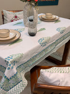 Hand Block Print Dining Table Sheet ( Leaf & Flower Blue Green Print )