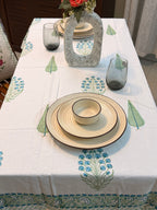Hand Block Print Dining Table Sheet ( Leaf & Flower Blue Green Print )