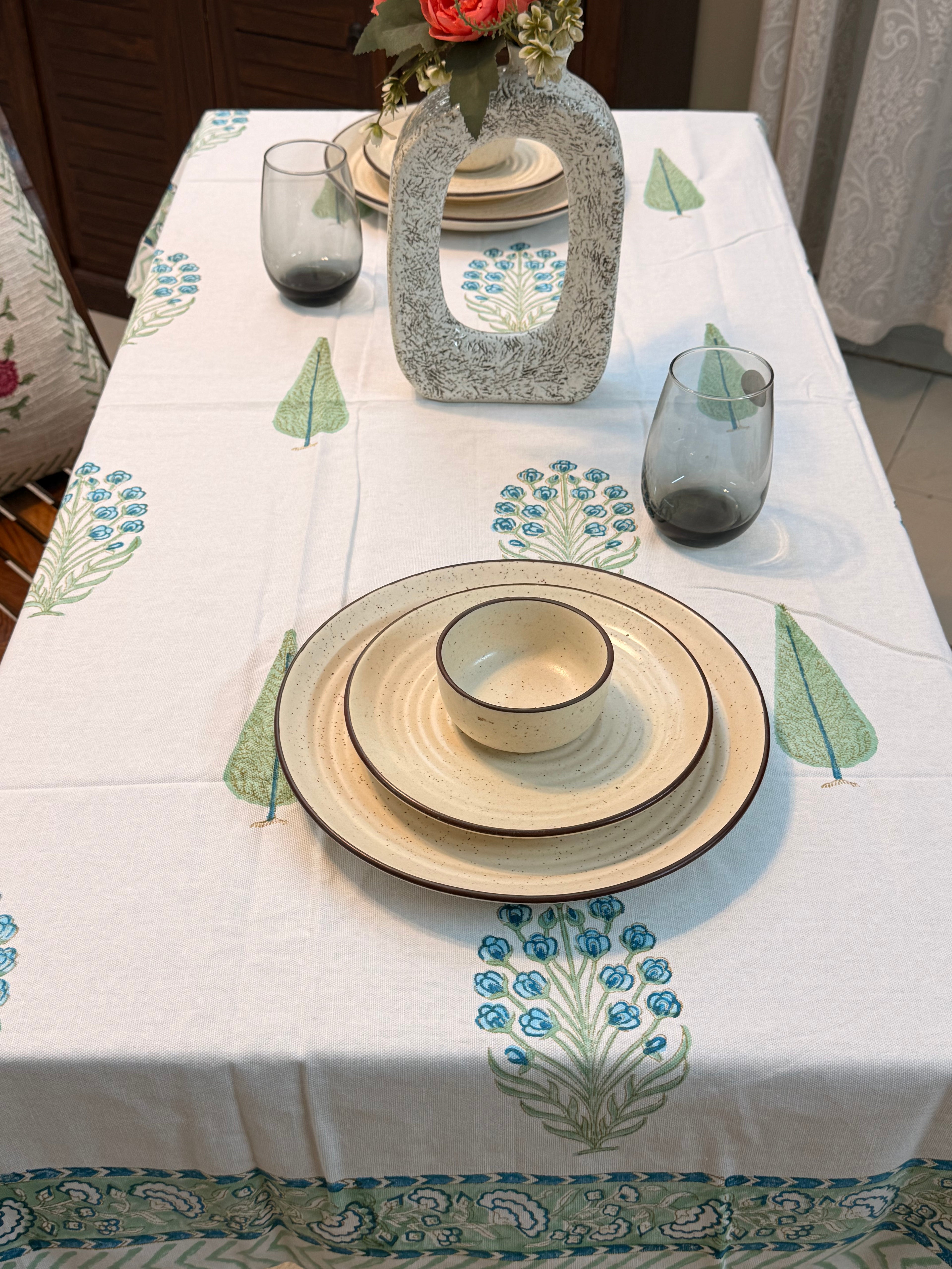 Hand Block Print Dining Table Sheet ( Leaf & Flower Blue Green Print )