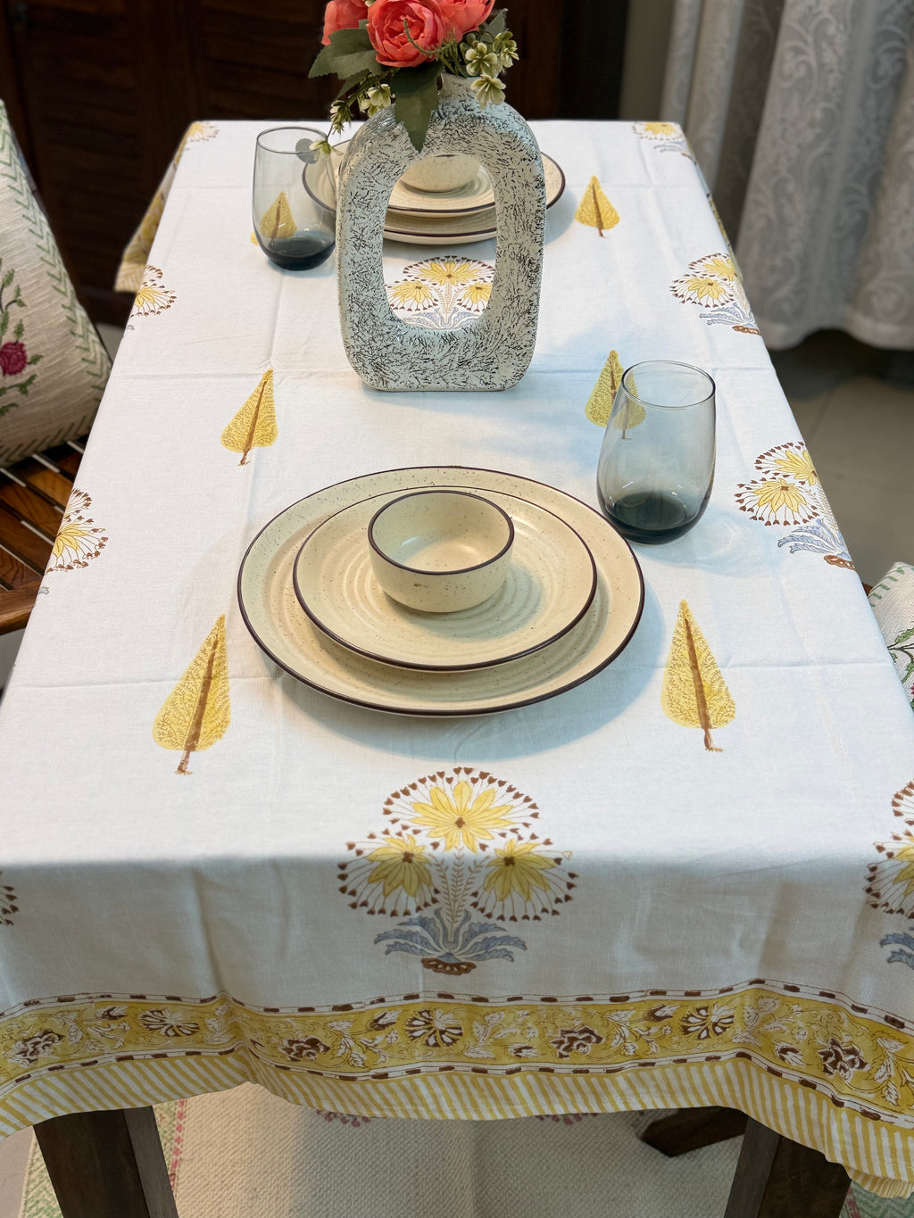 Hand Block Print Dining Table Sheet ( Yellow Monochrome Motif Print )