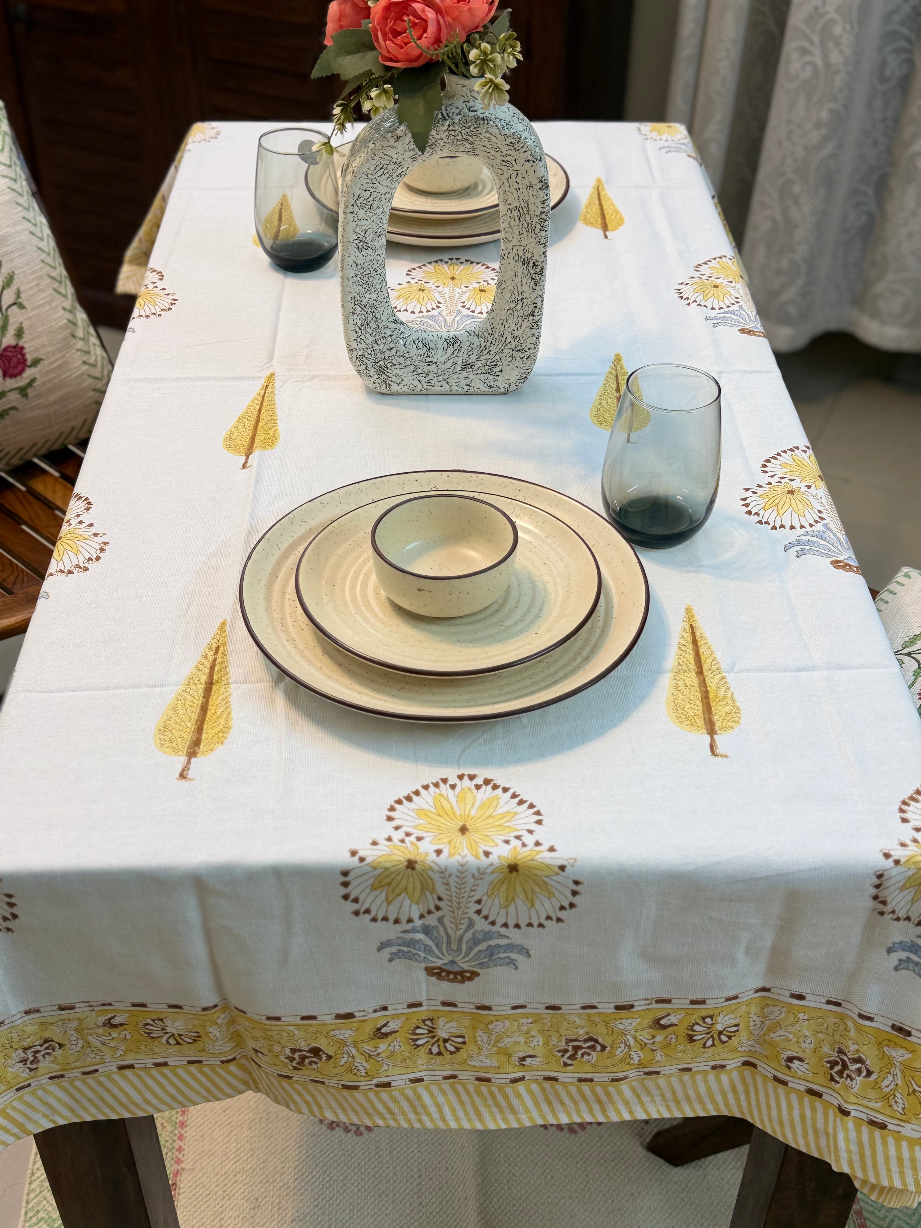 Hand Block Print Dining Table Sheet ( Yellow Monochrome Motif Print )