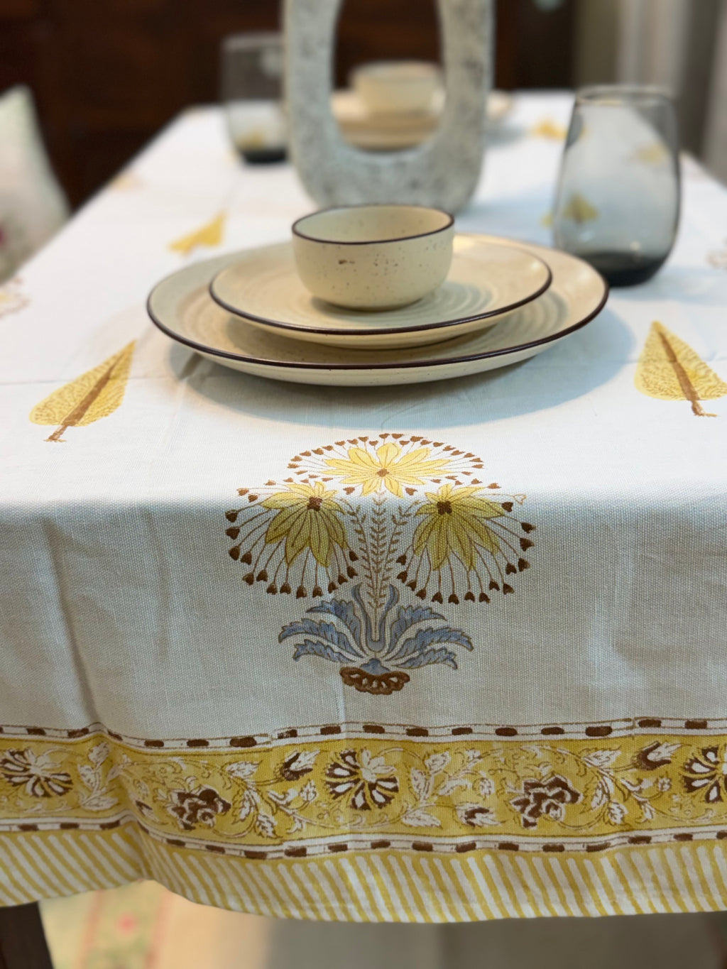 Hand Block Print Dining Table Sheet ( Yellow Monochrome Motif Print )