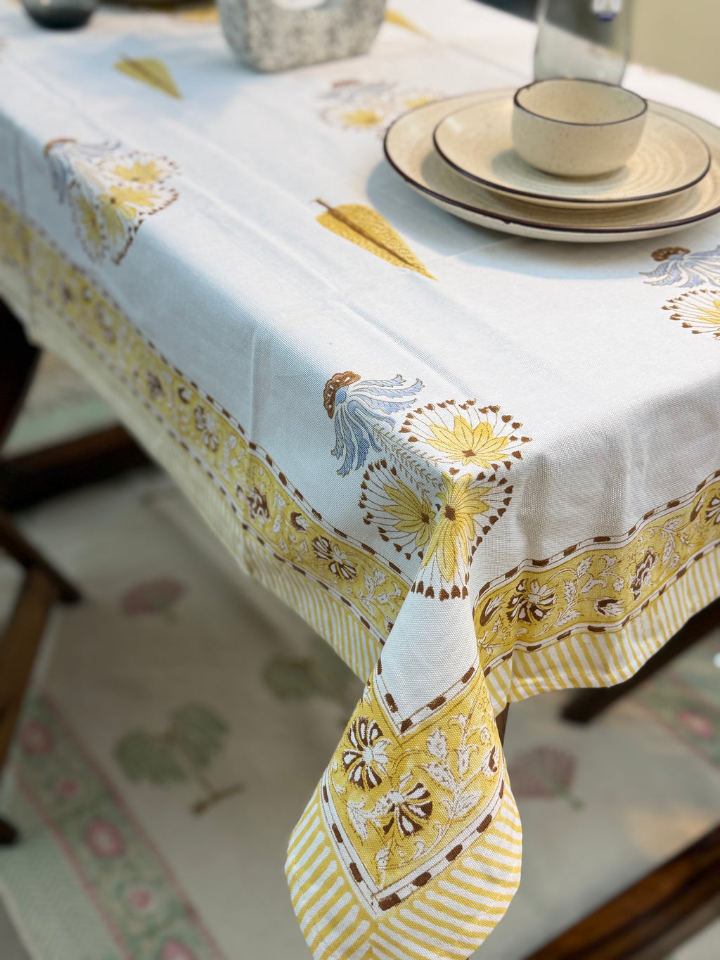 Hand Block Print Dining Table Sheet ( Yellow Monochrome Motif Print )