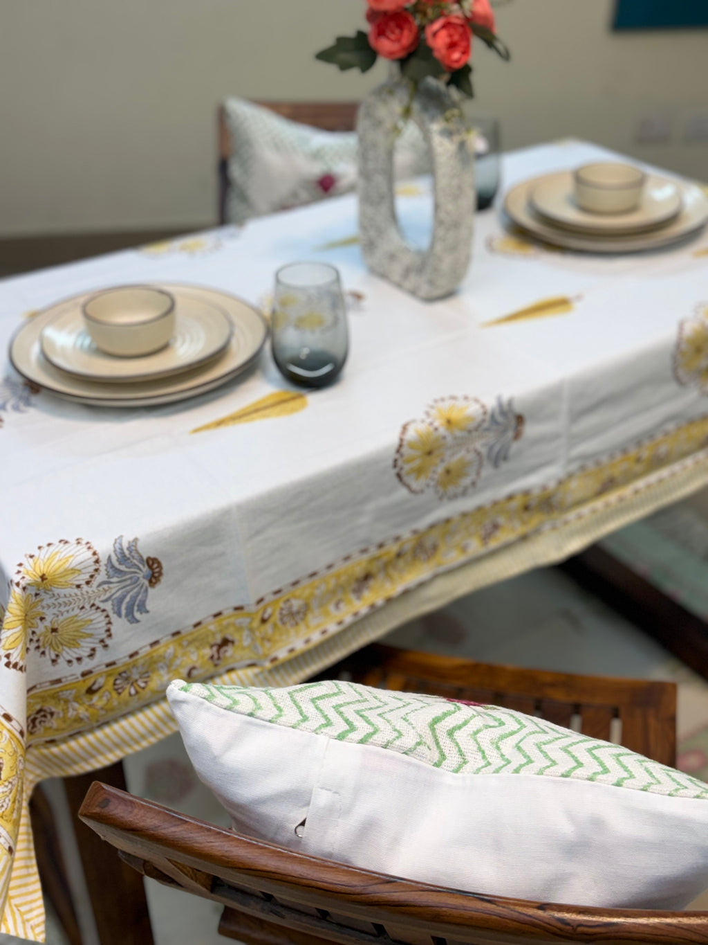 Hand Block Print Dining Table Sheet ( Yellow Monochrome Motif Print )