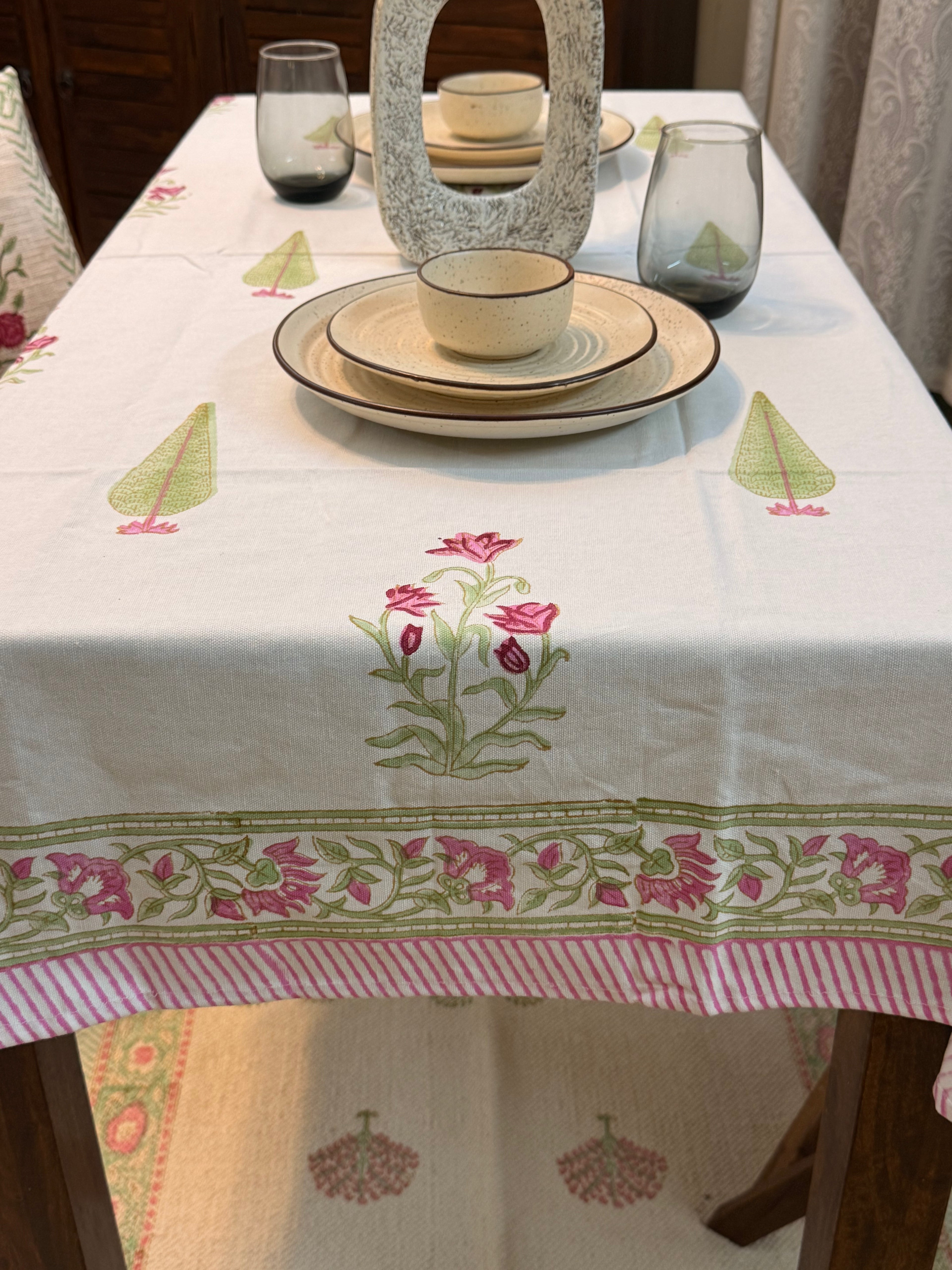 Hand Block Print Dining Table Sheet ( Pink & Green Phool Patta Print )