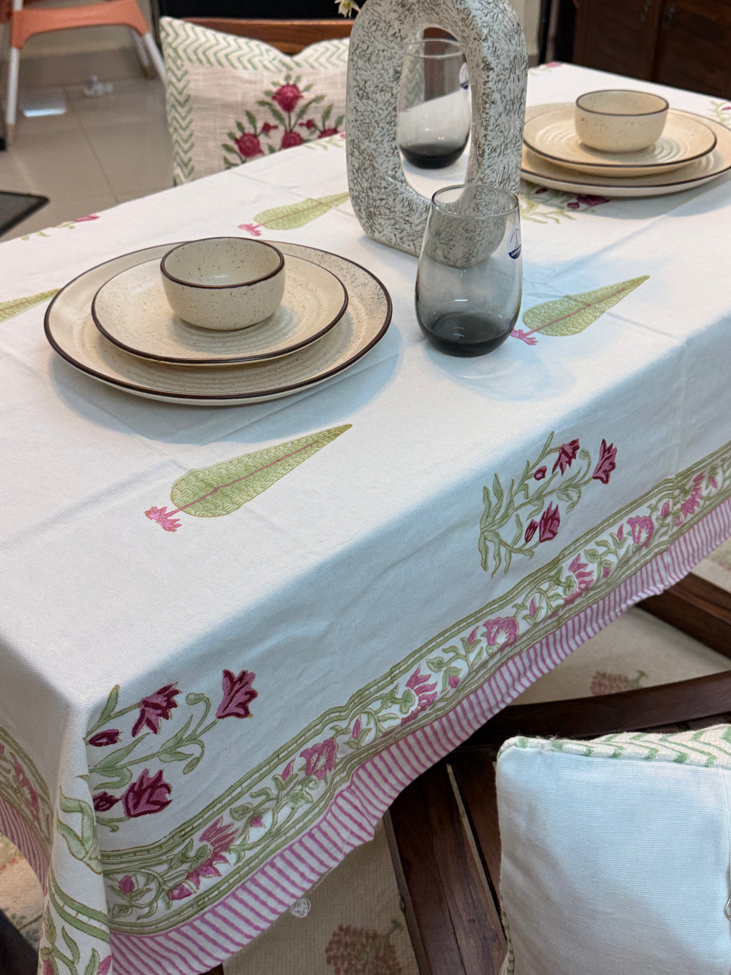 Hand Block Print Dining Table Sheet ( Pink & Green Phool Patta Print )